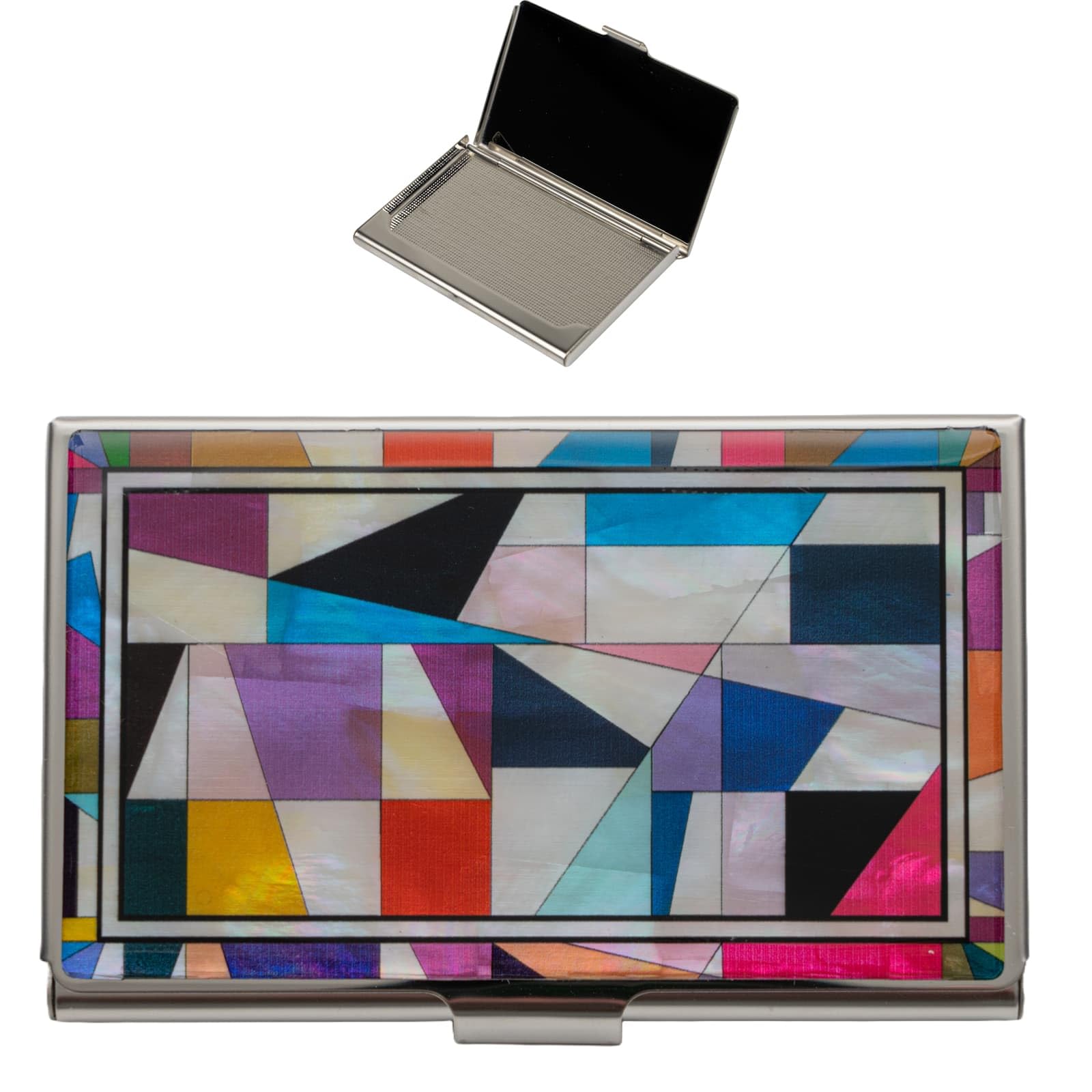 February Mountain Mother of Pearl Business Card Case - Korea Traditional Gifts, Slim Metal Holder for Business &amp; Credit Cards, Pocket-Sized Purse Wallet (Patchwork Style)