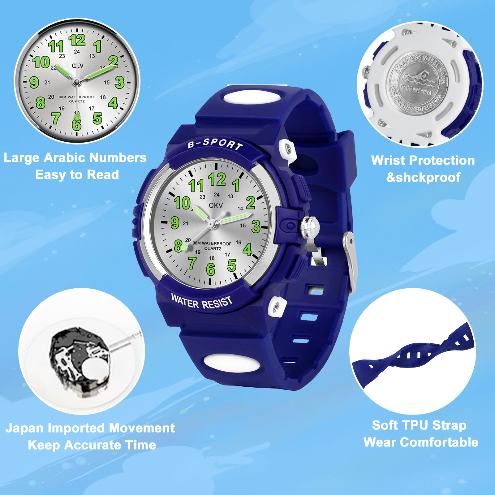 CKV Kids Watch for Boys Girls Ages 5-12, Waterproof Time Teacher Easy to Read Analog Sport Outdoor Children Watches with Soft Band for Kids