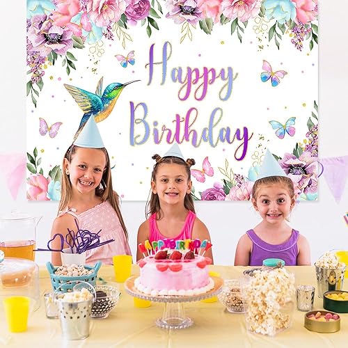 Miniatura 8 de MEHOFOND Fondo de cumpleaños de colibrí de 7 x 5 pies, fondo floral de acuarela de primavera para niña, suministros de fiesta de primer cumpleaños,