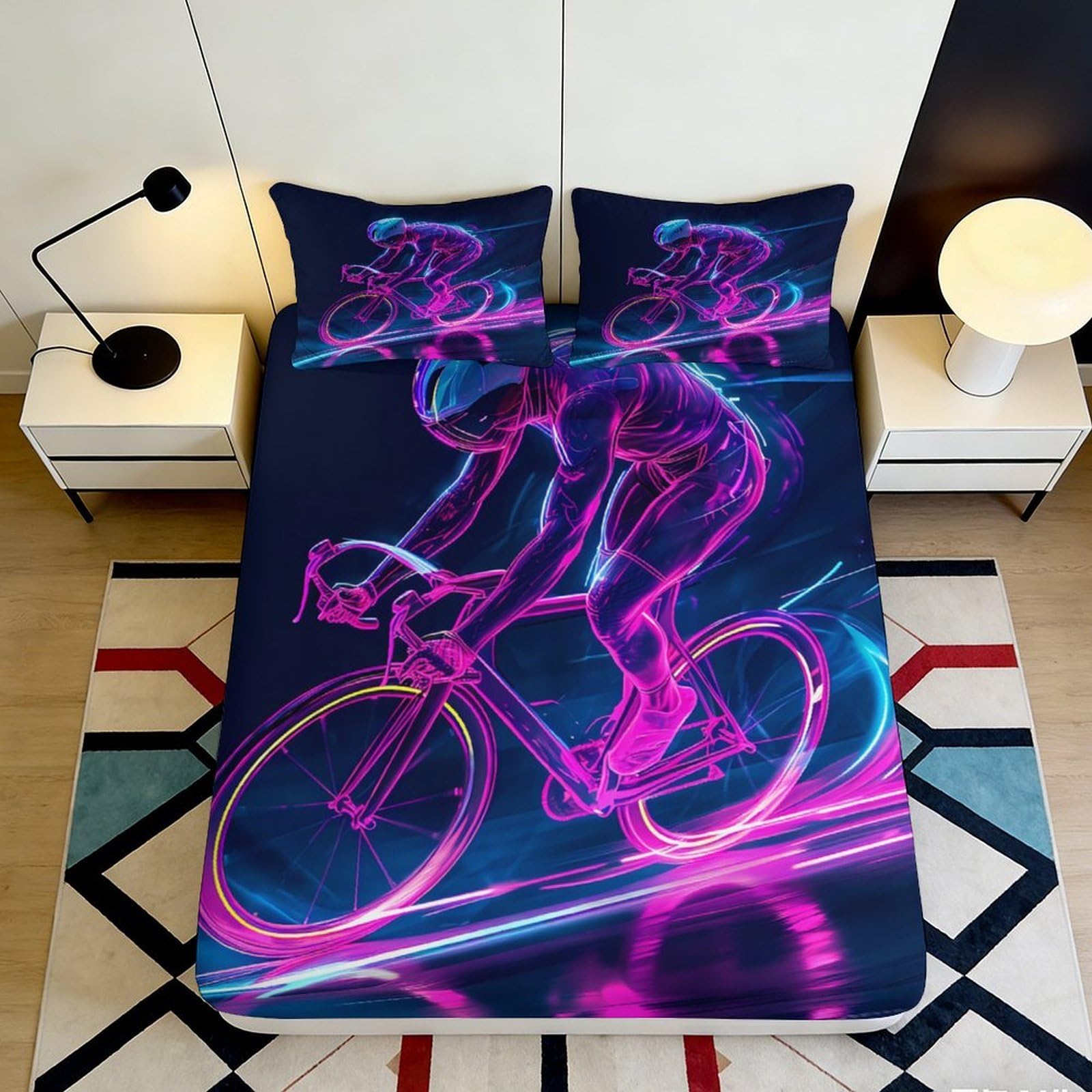 Jqzkxnhpbr Style-6 3D Printed Neon Cycling Fitted Sheet Microfiber Soft Slip-Resistant Bike Rider Bed Cover For Bedroom Decor 90X200x25cm