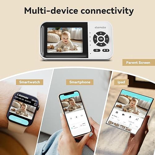 Miniatura 9 de ebemate Monitor de bebé de video WiFi, pantalla de 2.8 pulgadas con cámara de 1080P, visión nocturna sin brillo, conversación de 2 vías y alcance de