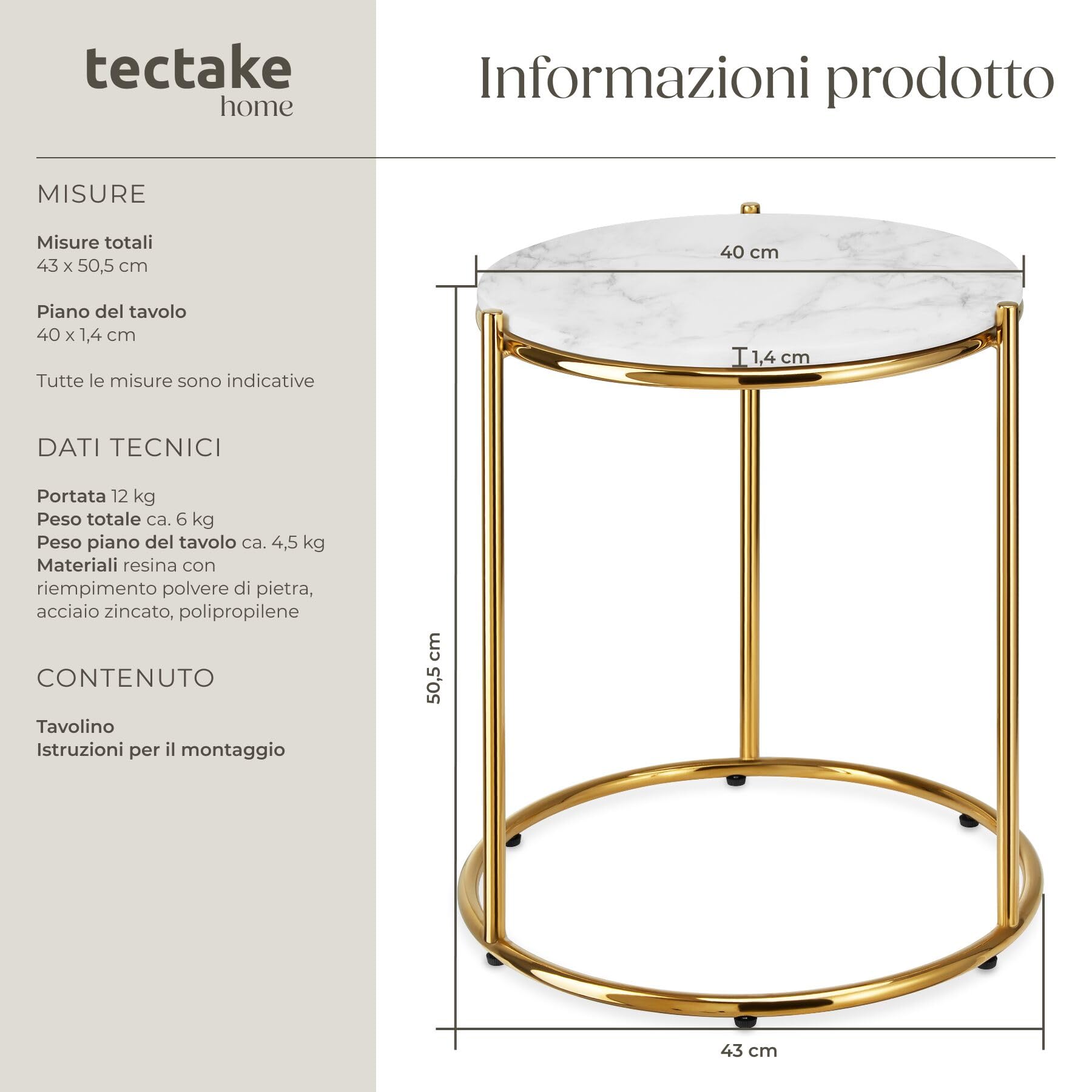 tectake® tavolino salotto in marmo, base in metallo, tavolino da caffè, tavolo basso rotondo, tavolino basso in marmo moderno per salotto, soggiorno,metallo, design, tavolo da balcone - Bianco/Oro