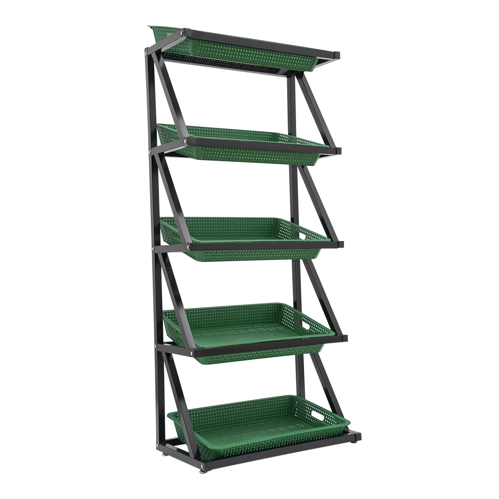 RocoReny 5 Tier Retail Display Shelves with 5 Baskets, Standing Organizer Shelf Units Metal Holders Storage Rack, Freestanding Display Stand for Office Pantry Kitchen, 25.6 * 13.8 * 59in (Green)