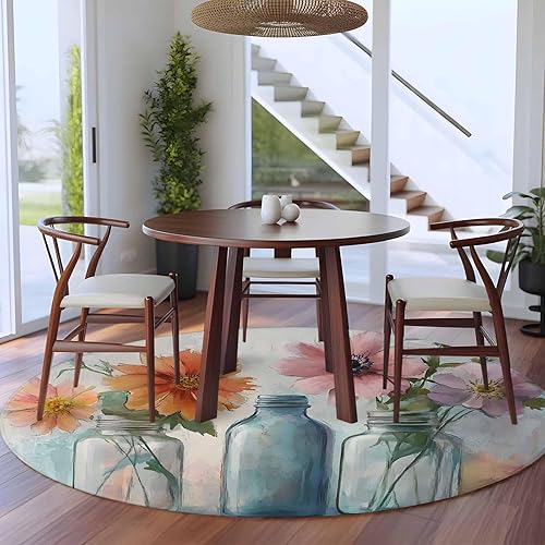 Miniatura 4 de 8ft Round Rug, Watercolor Flowers Non-Skid Rubber Backing Large Area Rugs - Living Room Bedroom Home Office, Retro Rustic Botanical Floral Leaves