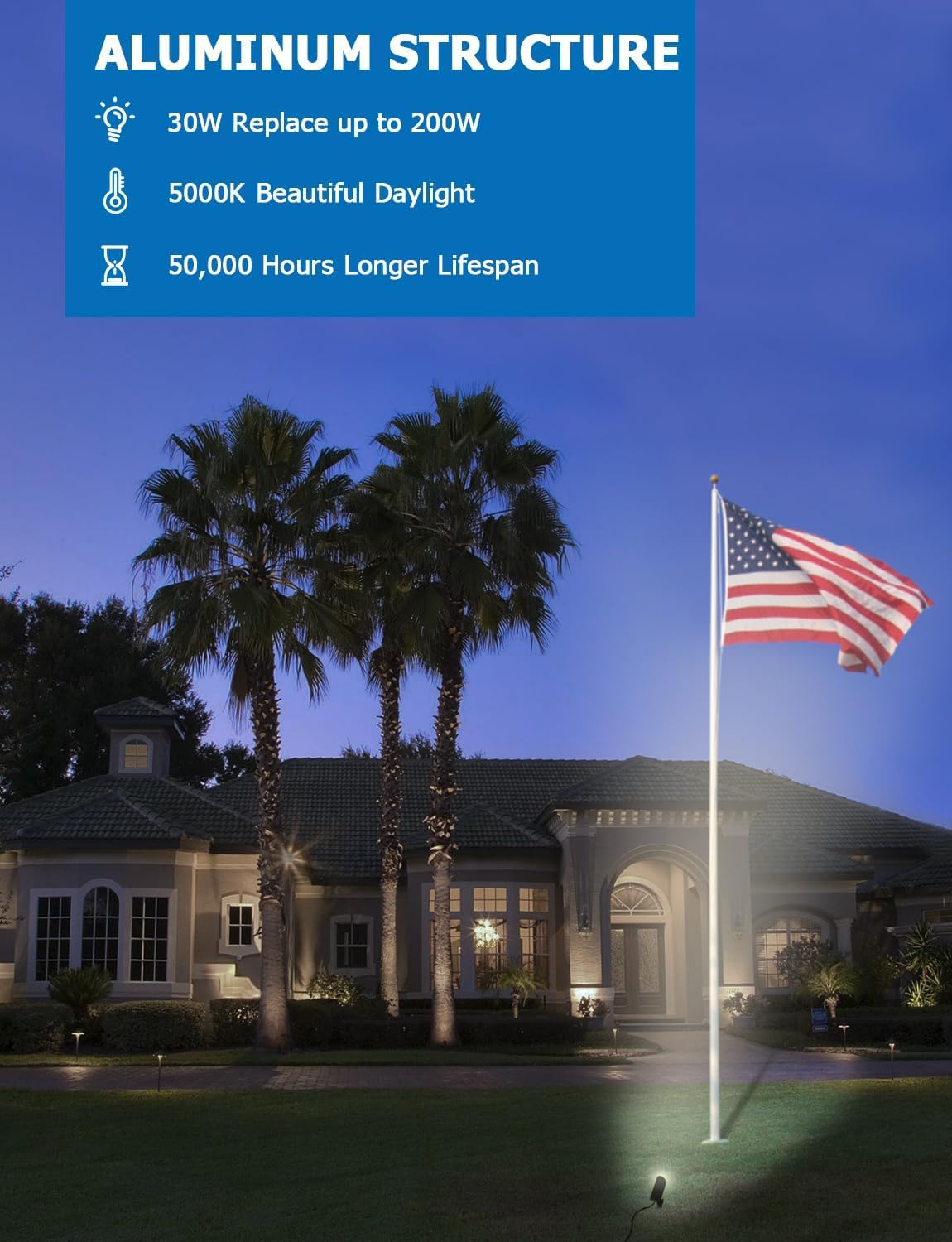 SUNVIE 30W LED Spot Lights Outdoor 5000K Daylight Flag Pole Light 120V Plug in Spotlight Outdoor with US 3-Plug Waterproof Flag Lights Outdoor Ultra Bright Landscape Spotlights for Palm Tree Statue