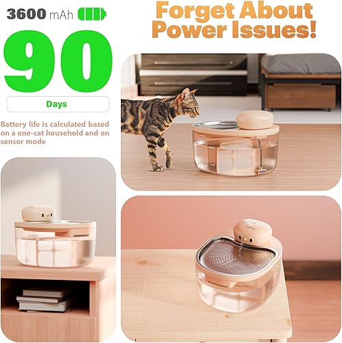 Miniatura 3 de PetTop Fuente de agua para gatos sin bombeos, 102 onzas3 L, bandeja de acero inoxidable, funciona con batería de 3600 mAh con sensor de movimiento,