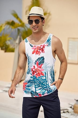 Miniatura 2 de COOFANDY Camiseta sin mangas con estampado floral para hombre, camisetas deportivas casuales con estampado en Hawaii, playa, vacaciones