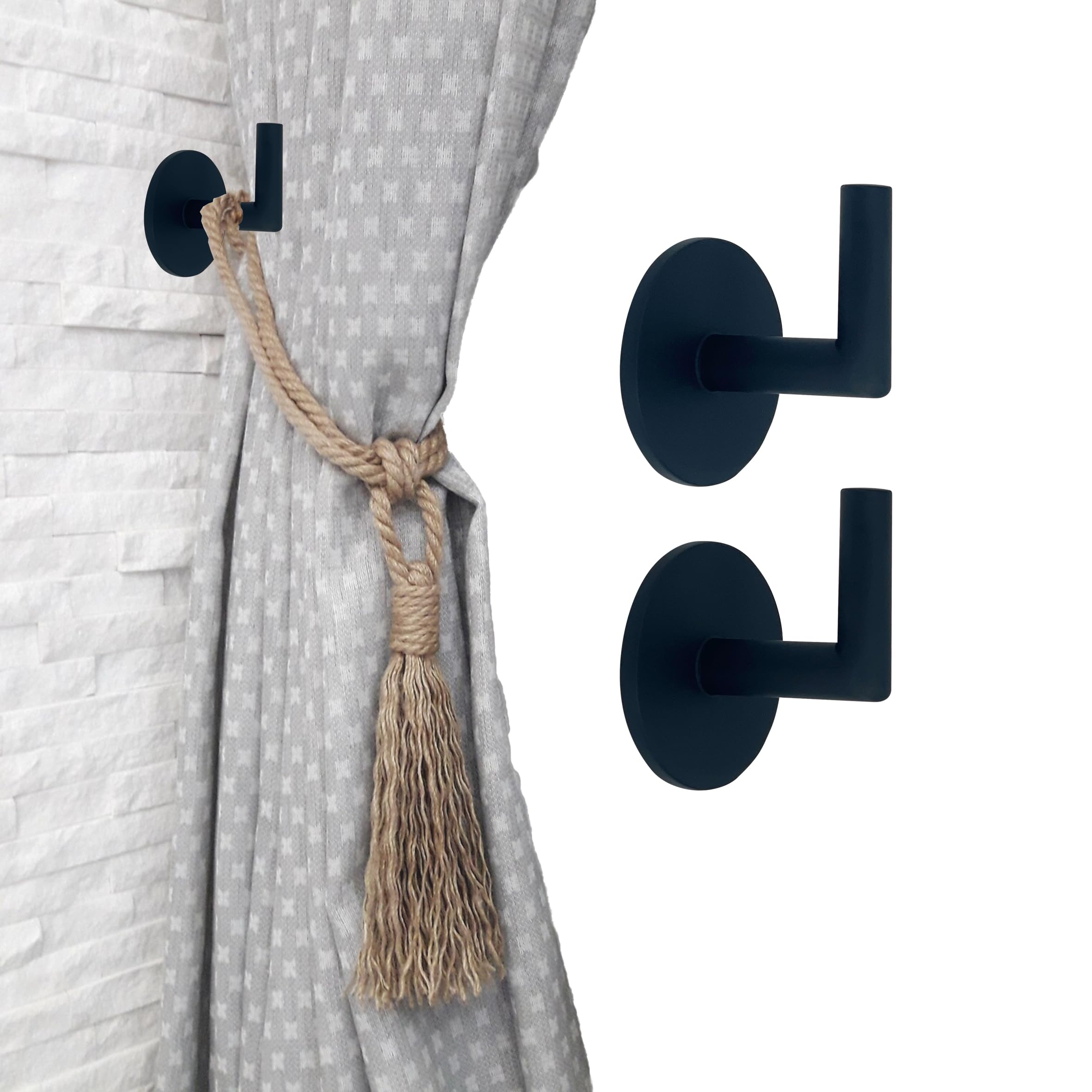 ARNORX Morden L Shaped Curtain Tiebacks，Curtain Hooks,Window Drapery holdbacks, Clothes, Coat, Hat and Towel Hooks，Set of 2,Black