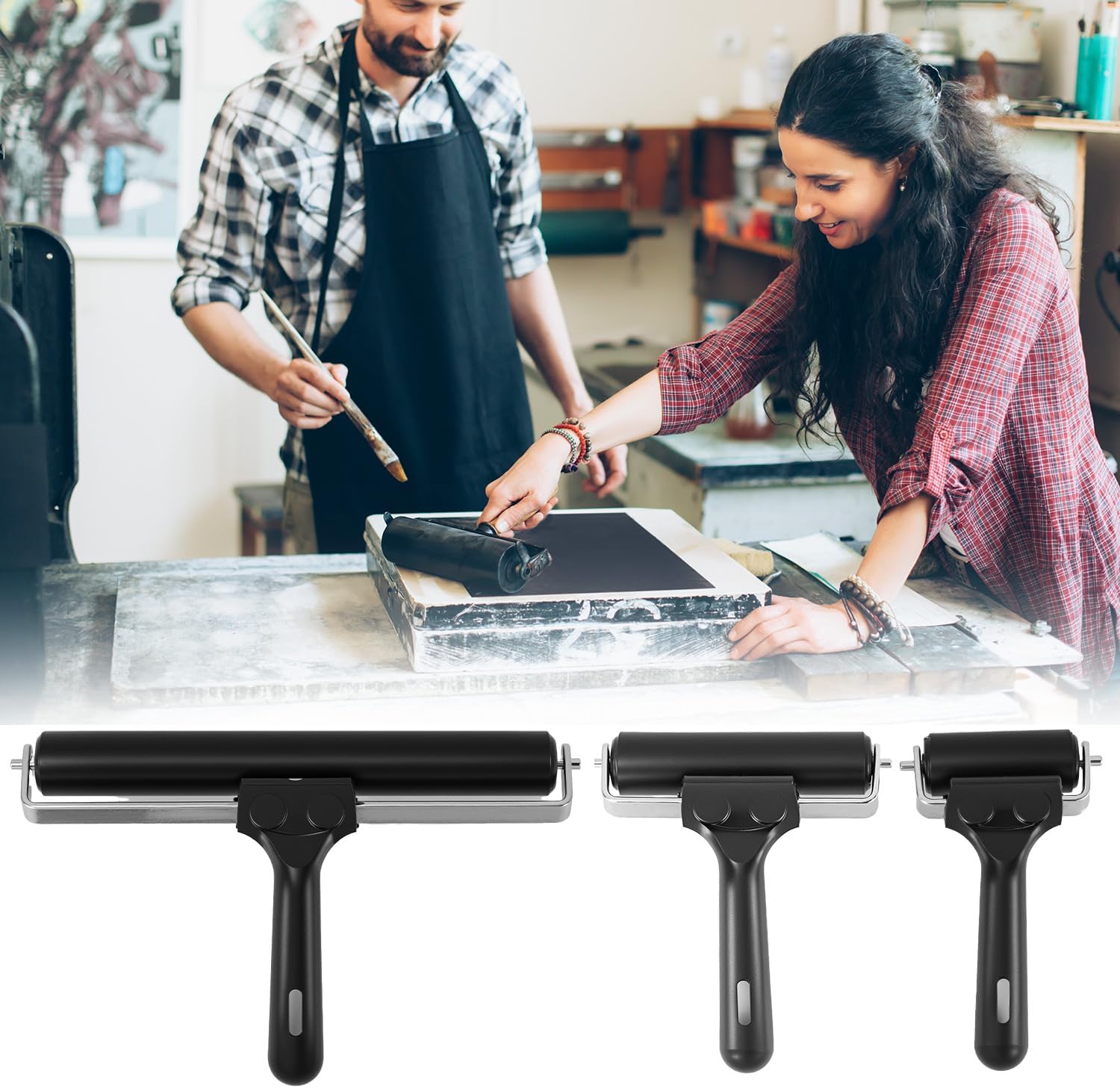QWORK Printmaking Brayers, 3 Pack Brayer Rollers for Wallpapers Stamping, Vinyl Roller Ink Paint Brush (2.4", 4", 7.9") (Black)