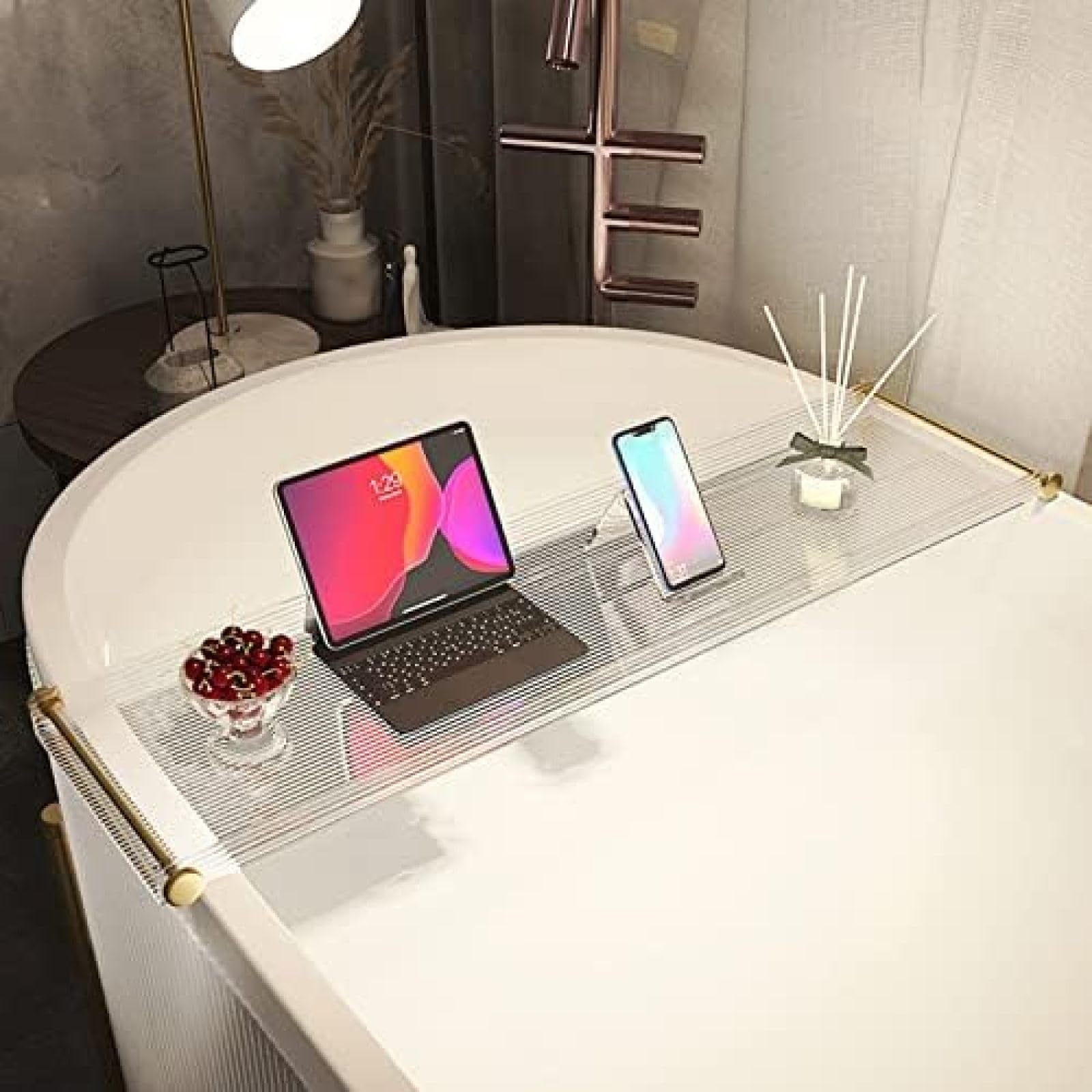 Vassoio da bagno in acrilico, antiscivolo, per spa e lettura, per vasca da bagno con guardrail rialzati, perfetto per gli amanti del relax e della spa, contiene laptop e oggetti essenziali