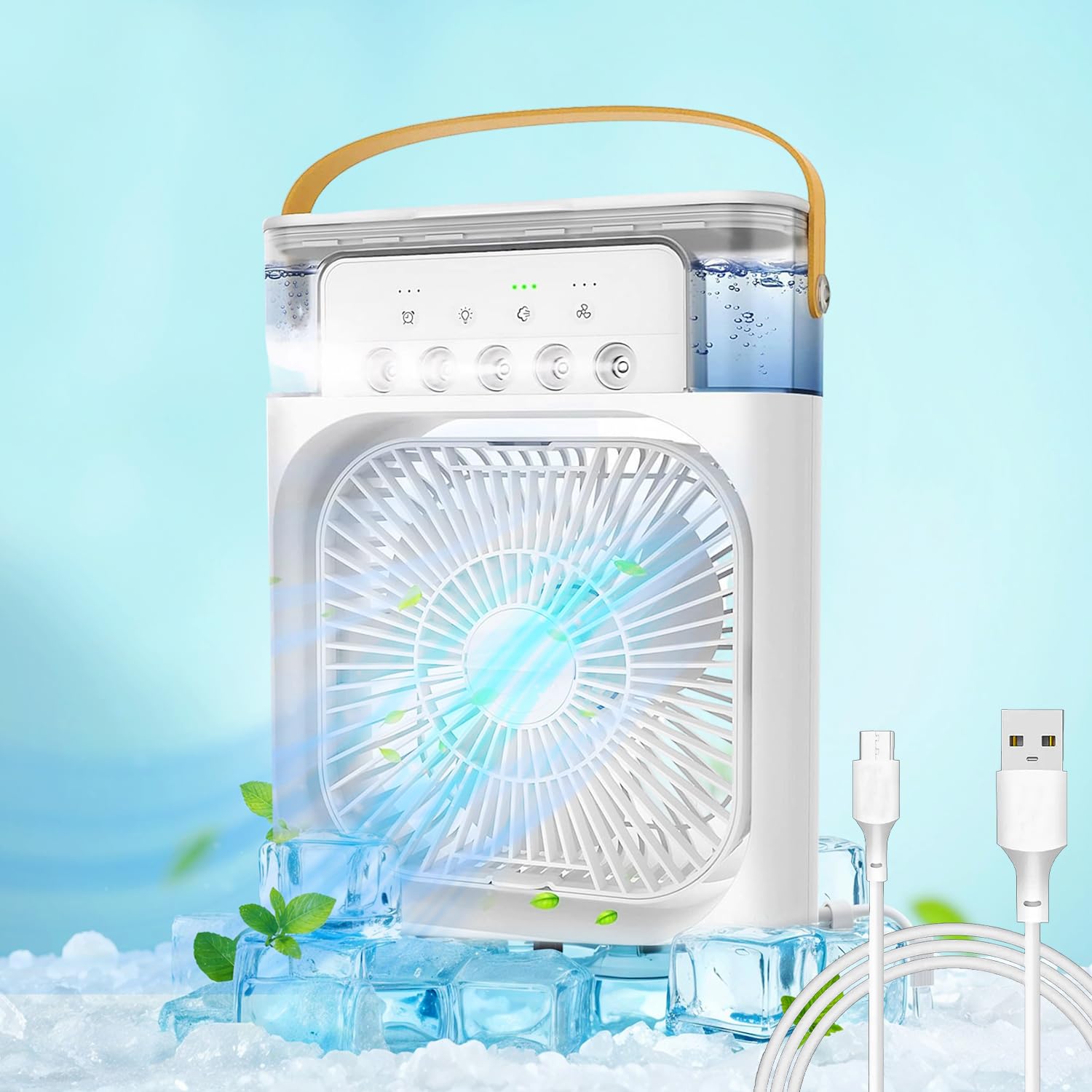 FATAHOO Portable Mini Air Conditioner, 700ml Evaporative Cooler, 4-in-1 Air Cooler, 3-Speed AC Fan, 5 Mist Level, 7-Color Night Light, 8H Timer, USB Personal AC for Bedroom, Office, Camping, and Car