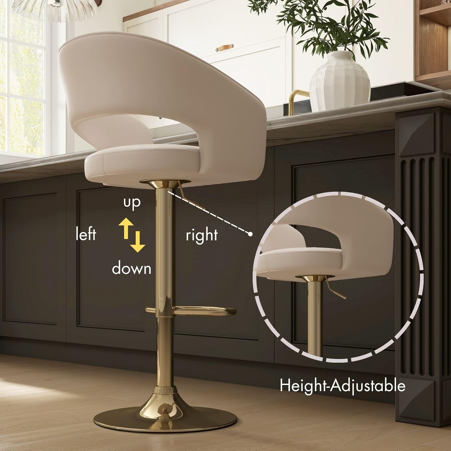 Hyfirm Set of 2 Modern Kitchen Bar Chairs with Gold Chrome Base, Adjustable Swivel Bar Stools with Back and Footrest, Cream PU Leather Counter Height Stools for Kitchen Island, Home Ba