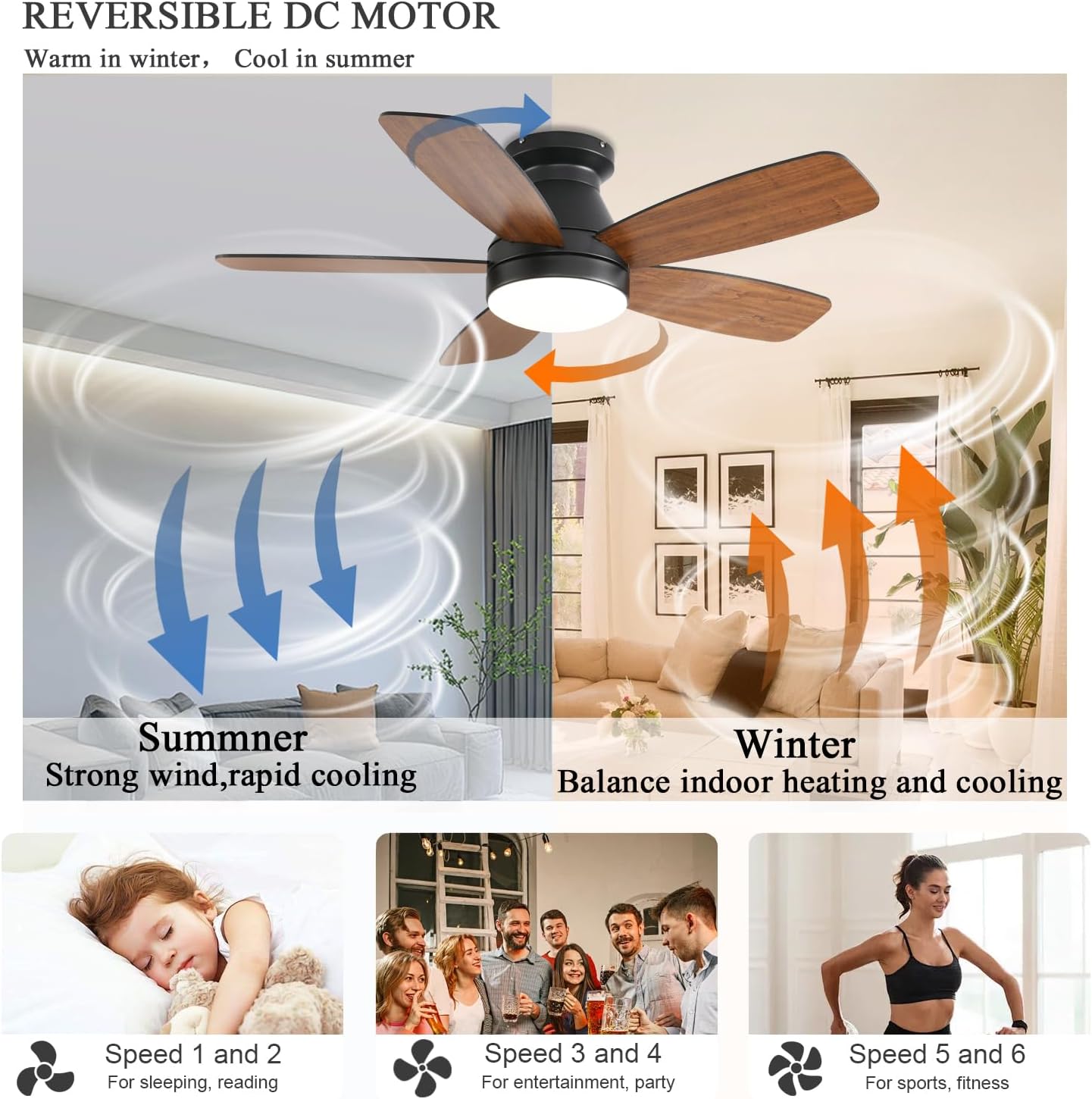 JSAITEE Ceiling Fans with Lights, 42 Inch Low Profile Ceiling Fan with Light and Remote/App Control, Flush Mount, Reversible, 3CCT, Dimmable, Noiseless, Brown Ceiling Fan for Indoor/Outdoor Use