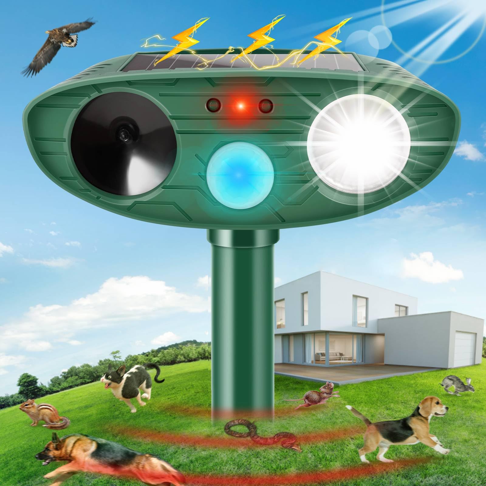 Garden Cat Repellent, Ultrasonic Cat Repellent, Fox Repellent for Gardens, Waterproof Cat Deterrent with Flash Light and PIR Motion Sensor, Cat Scarers for Gardens to Drive Fox/Cat/Deer(Solar Powered)