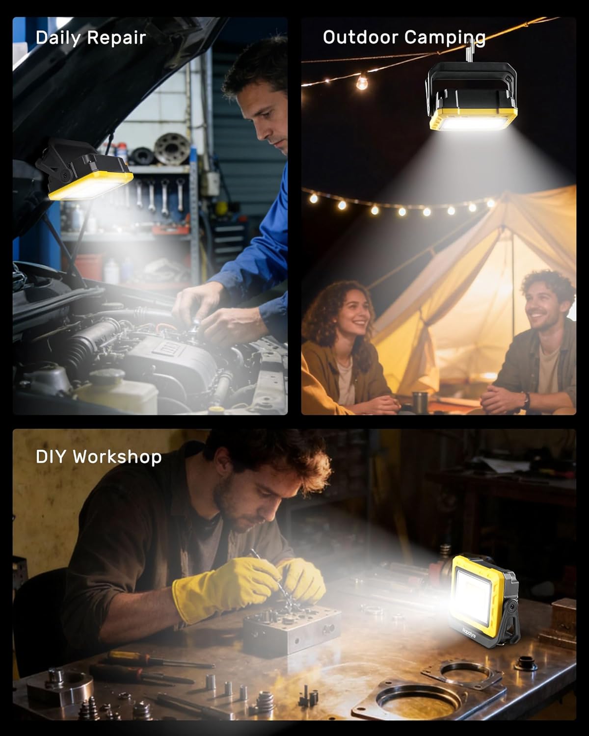 2 Pack Rechargeable LED Work Light, 2000 High Lumens Magnetic Light with 6 Modes & 360° Rotatable, 4400mAh Portable Flashlight for Mechanic, Detailing, Repair, Camping