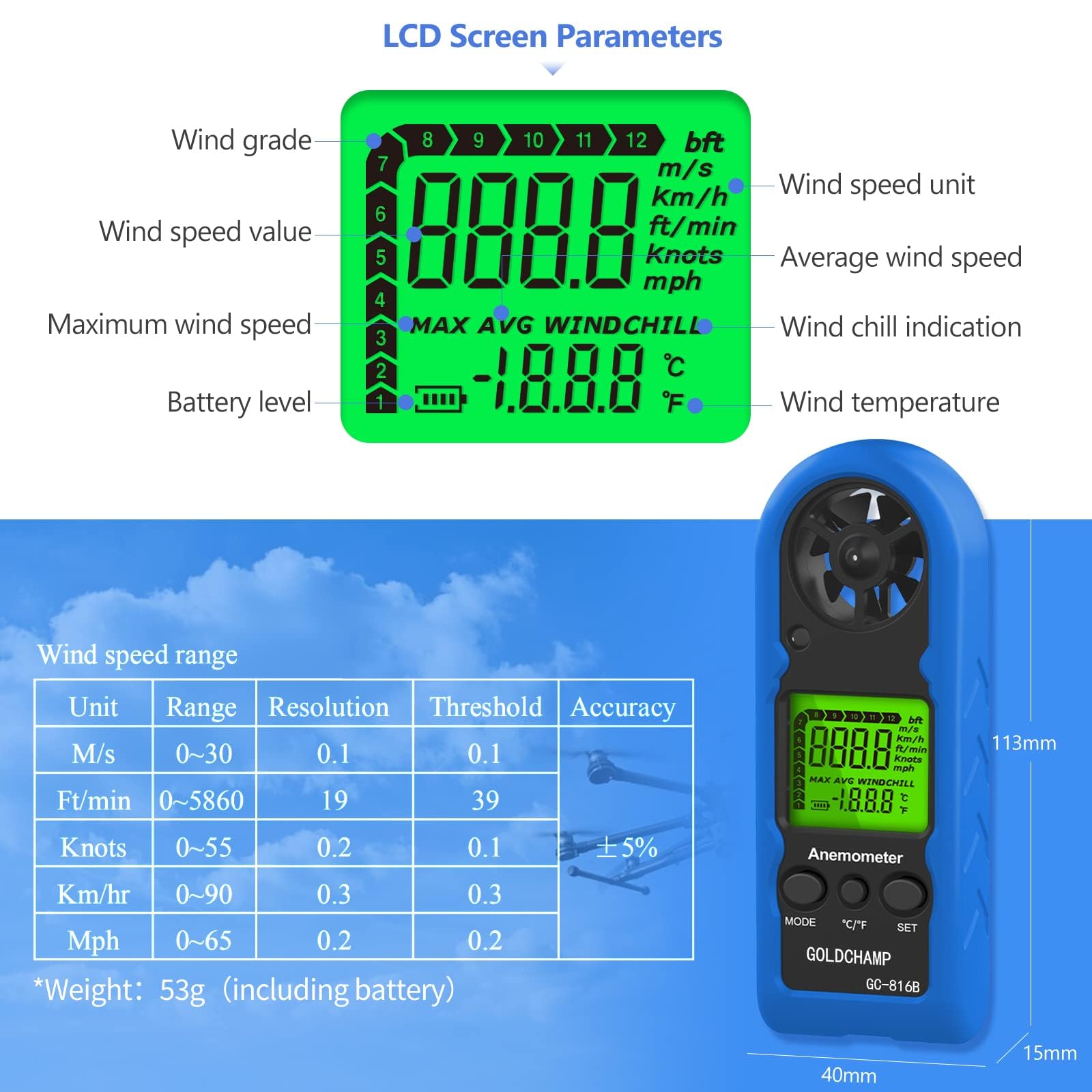 Anémomètre manuel, mini compteur de vitesse du vent numérique, mesure la température, max/moyen/actuel, indicateur de refroidissement éolien, rétroéclairage LCD HVAC et activités de plein air