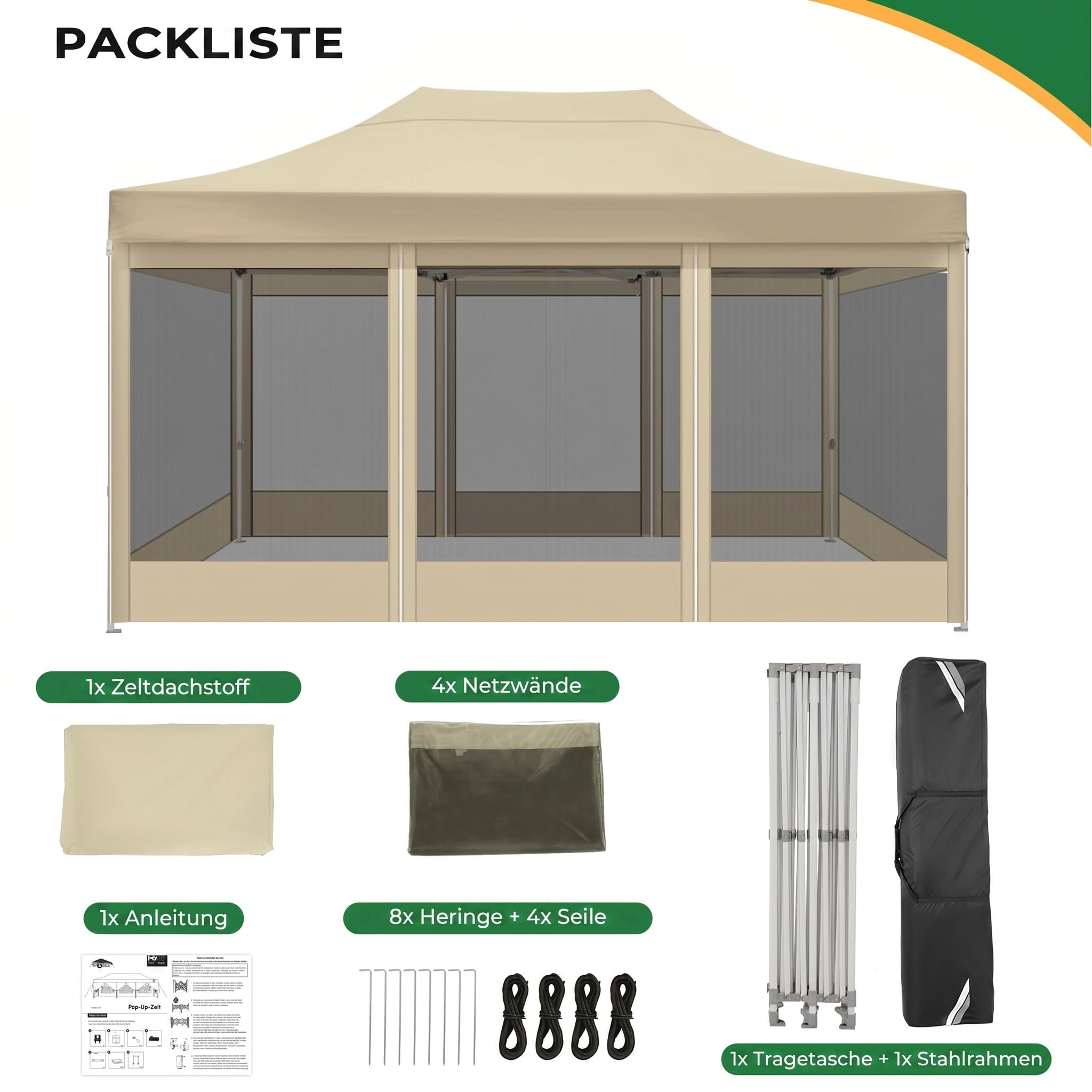 COBIZI Faltpavillon 3x4,5 Wasserdicht Stabil, Partyzelt Faltbar mit 4 Seitenwänden Moskitonetz Pop Up Gartenpavillon Anti-UV für Garten, 420D Oxford, Tragetasche mit Rollen, Khaki