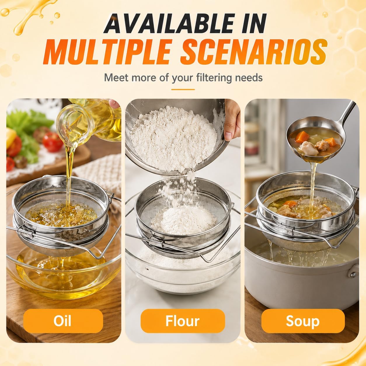 ZONSUSE Passoire à Miel en Acier Inoxydable, Filtre à Double Tamis, Outils D'extraction D'abeilles avec Poignées Réglables, Équipement D'apiculture, Extraction de Miel, Idéal pour les Apiculteurs