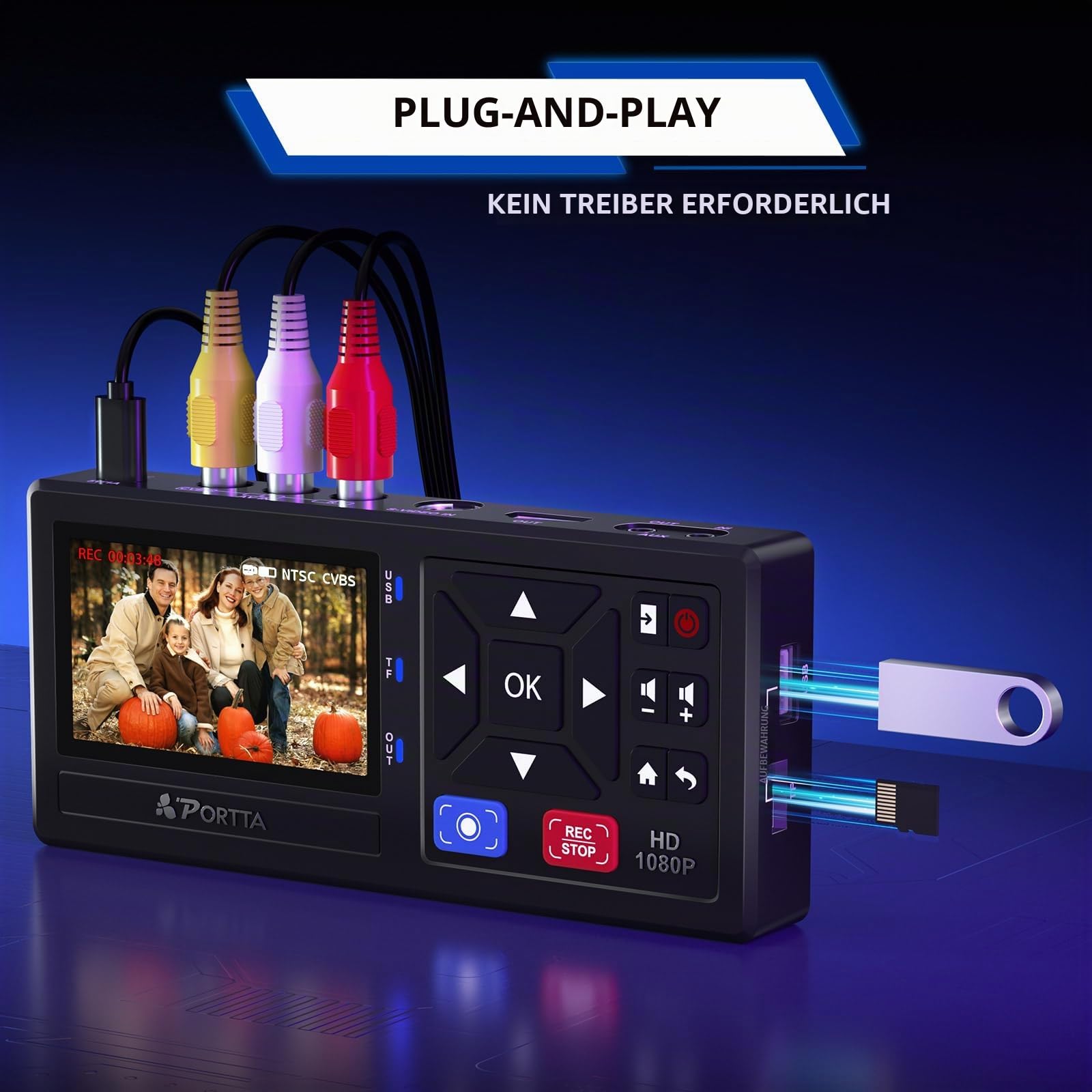 Portta VHS to Digital Converter, Video VHS Digitalisieren Recorder mit Remote, Videokassetten Digitalisieren Compatible with VHS, VCR, DVR, DVD, Hi8, Mini DV, Camcorder, Cassette Tape, Gaming Consoles