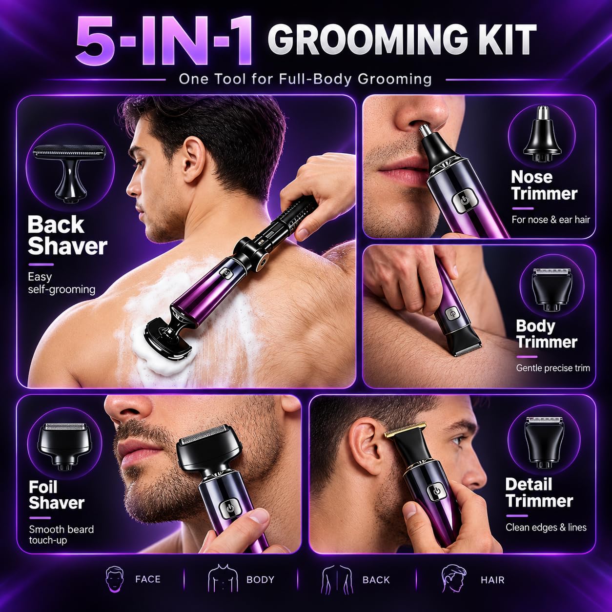 Afeitadora de espalda para hombre, 5 en 1, afeitadora de espalda con mango