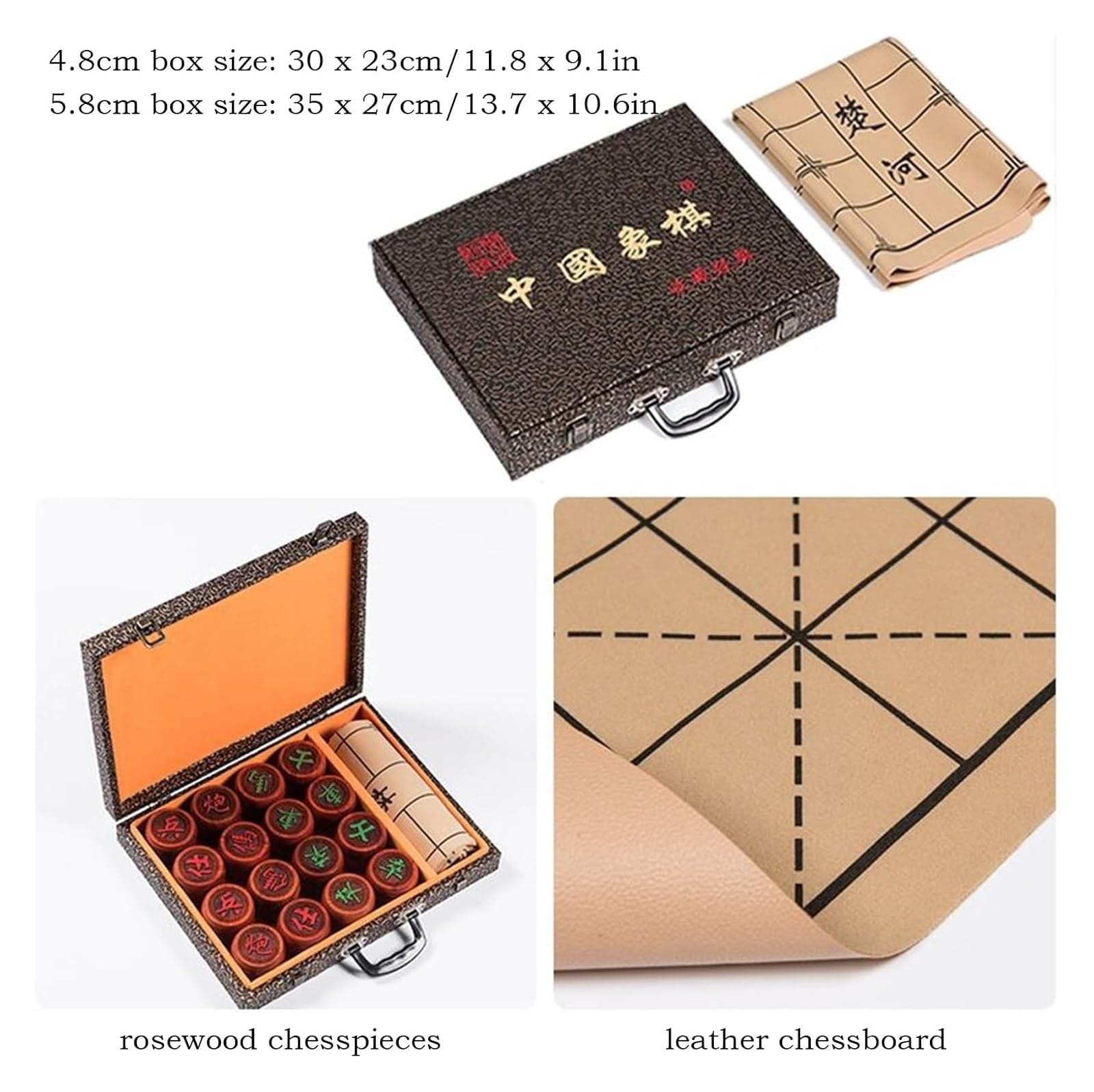 Chiński zestaw szachowy dla 2 graczy z palisandru - strategiczna gra planszowa Xiangqi z pudełkiem upominkowym i skórzaną tablicą do podróży (5.8cm/2.3in)