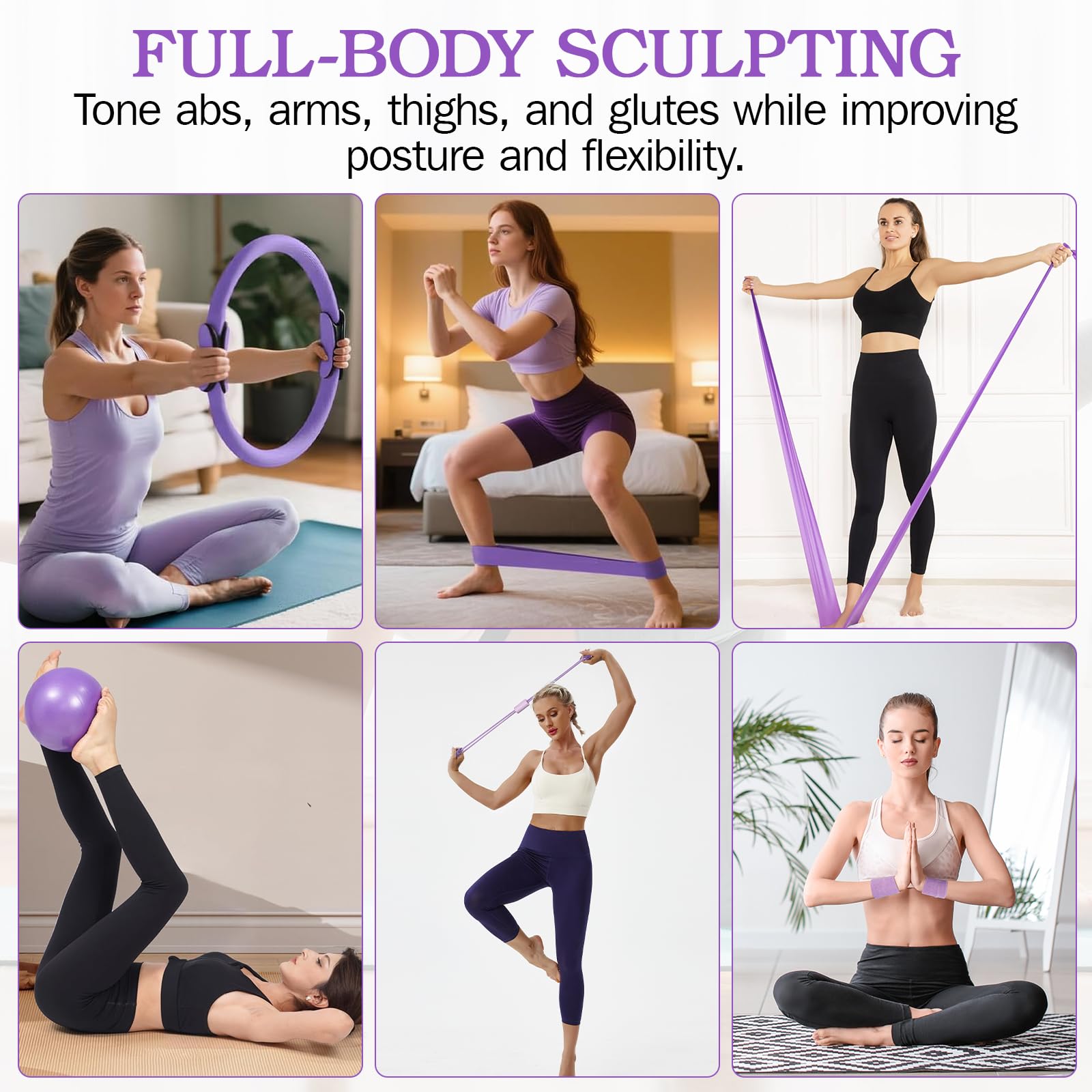 Kit Pilates Maison Femmes, Ensemble Pilates & Yoga Essentiel avec Anneau, Ballon, Bandes de Résistance