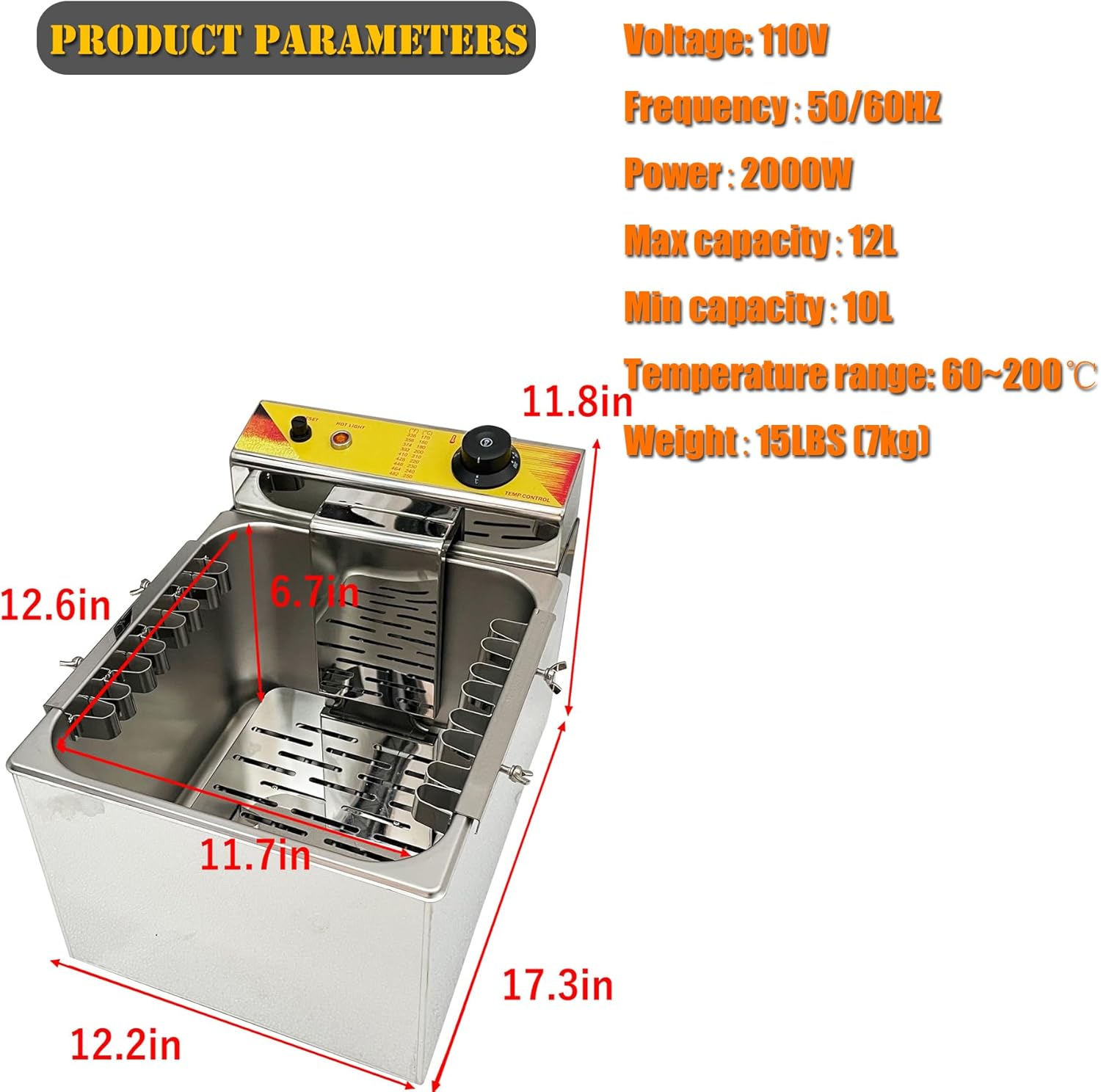 12L Cheese Hot Dog Sticks Fryer Electric Deep Hot Corn Dog Fryer Machine Stainless Steel Multifunctional Fryer 110V 2KW
