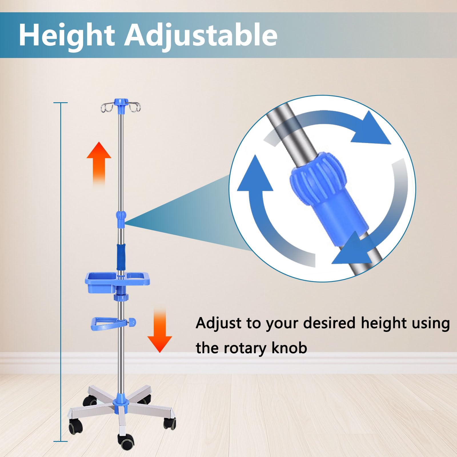 Infusionsständer mit Rollen Edelstahl, Höhenverstellbar 110–200 cm, 5-Rad Basis, 4 Haken für mehrere Patienten, Aufbewahrungsbox mit 4 Netztaschen – Tragbarer IV Ständer