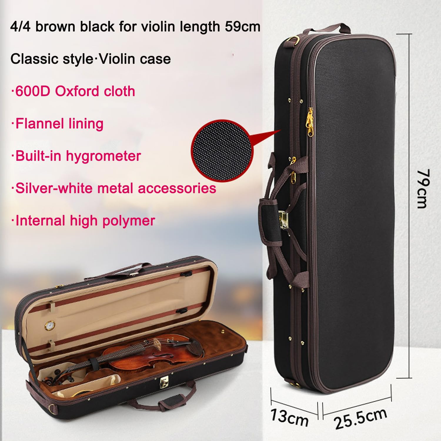 Dxcaicc Estuche Ligero para Violín Oxford para 1/2, 1/4, 3/4, 4/4 Violin, Estuche De Violín con Higrómetro, Caja Fuerte Y Ligera, Resistente Al Agua Y A Prueba De Golpes,Brown Black,4/4