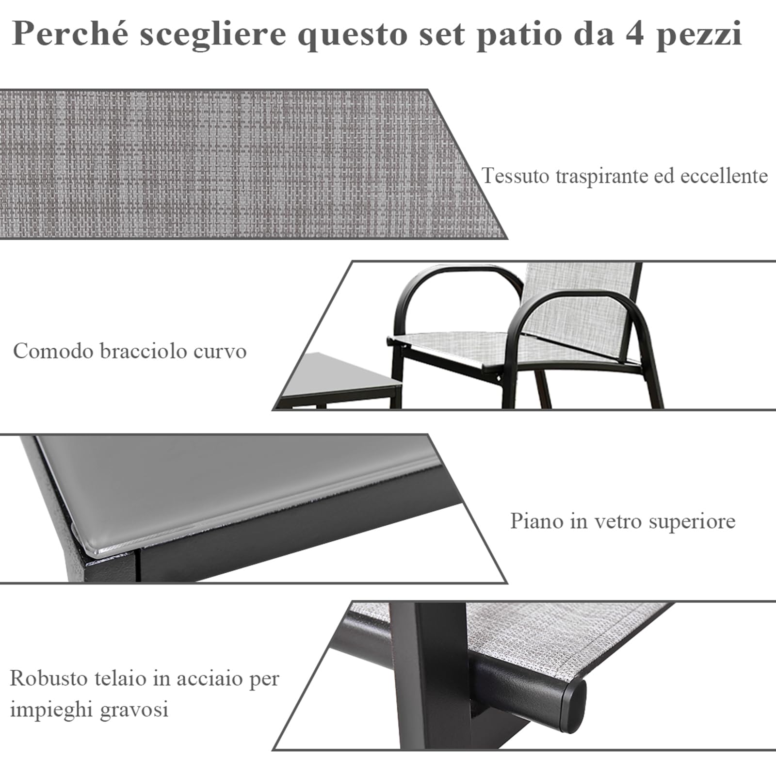 COSTWAY Set da Giardino 4 Pezzi con Tavolino in Vetro, Sedie in Ferro e Tessuto a Rete, Grigio