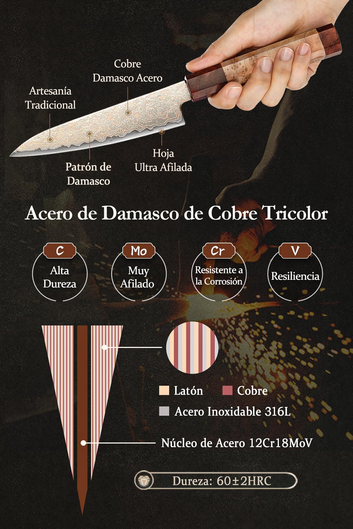 HEZHEN Damasco Cuchillos Universales, Cuchillos Cocina Damasco de Cobre, Cuchillo de Fruta para Pelarr con Caja de Madera, Mango de Octogonal