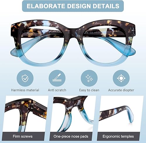 Miniatura 3 de AQWANO Elegantes anteojos de lectura de gran tamaño para mujer, diseño de moda, lentes redondos para computadora con luz azul, con bisagra de