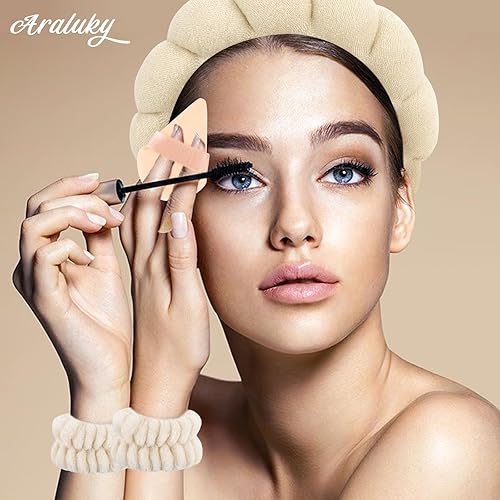 Miniatura 7 de Juego de 7 diademas y muñequeras para el cuidado de la piel para lavar la cara, coleteros para polvo, esponja, spa, maquillaje, diadema hinchada,