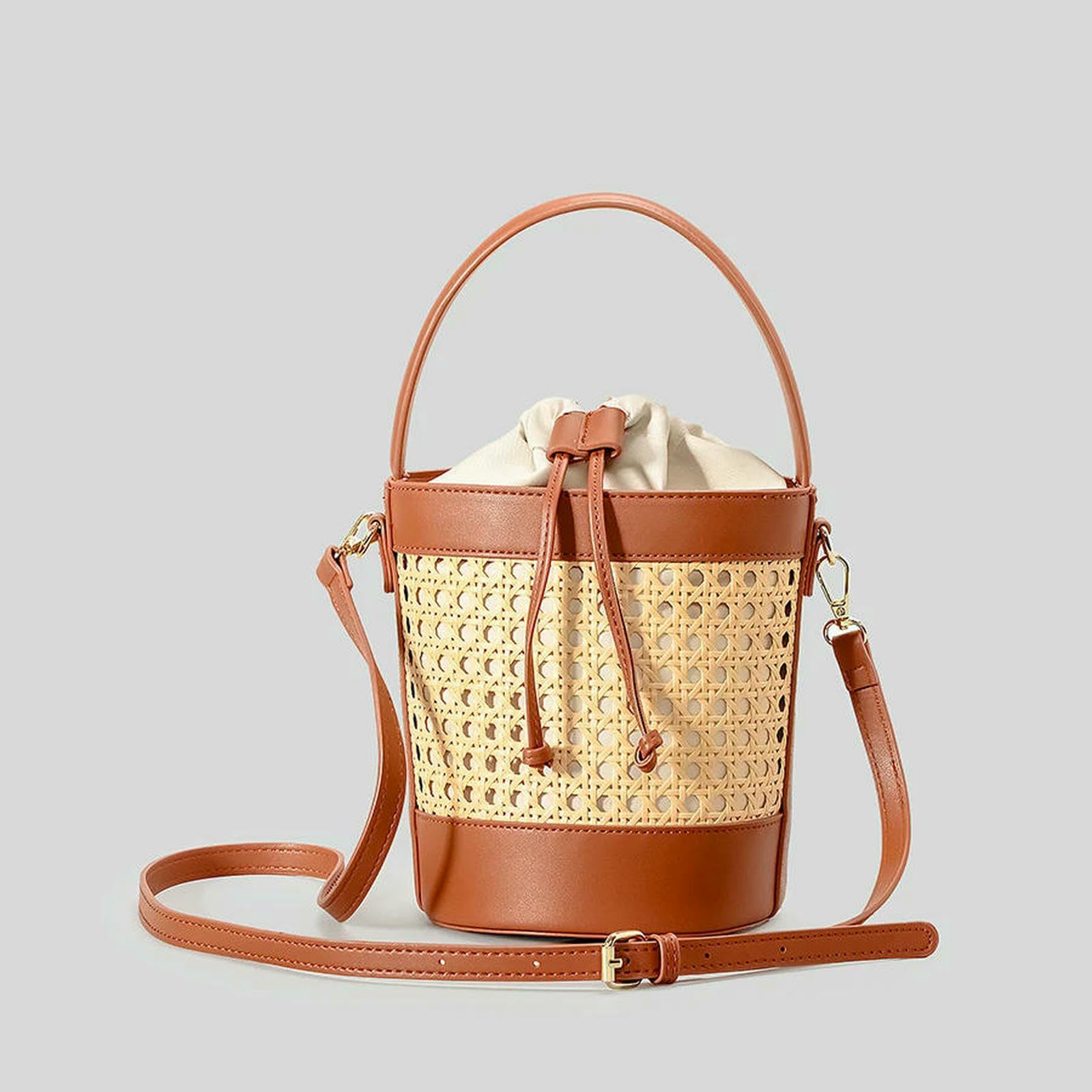 Strohtaschen Damen Shopper Fashion Hollow Eimer Bag Wicker Woven Women Handtaschen Luxus Pu Leder Schulter -Crossbody -Taschen Sommer Beach Bag-braun