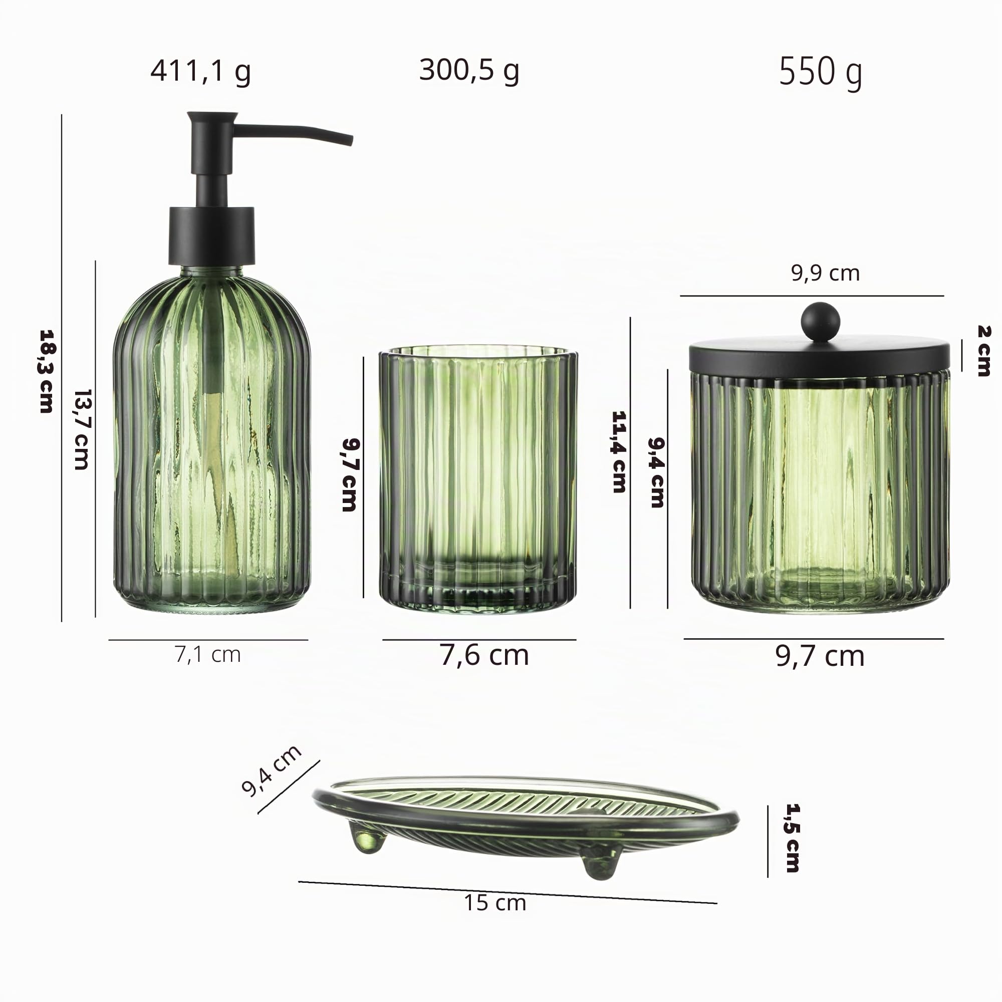 Set di 4 accessori da bagno in vetro pesante con motivo decorativo pressato, include dispenser di sapone per le mani, bicchiere, portasapone e portaspazzolino (verde oliva)