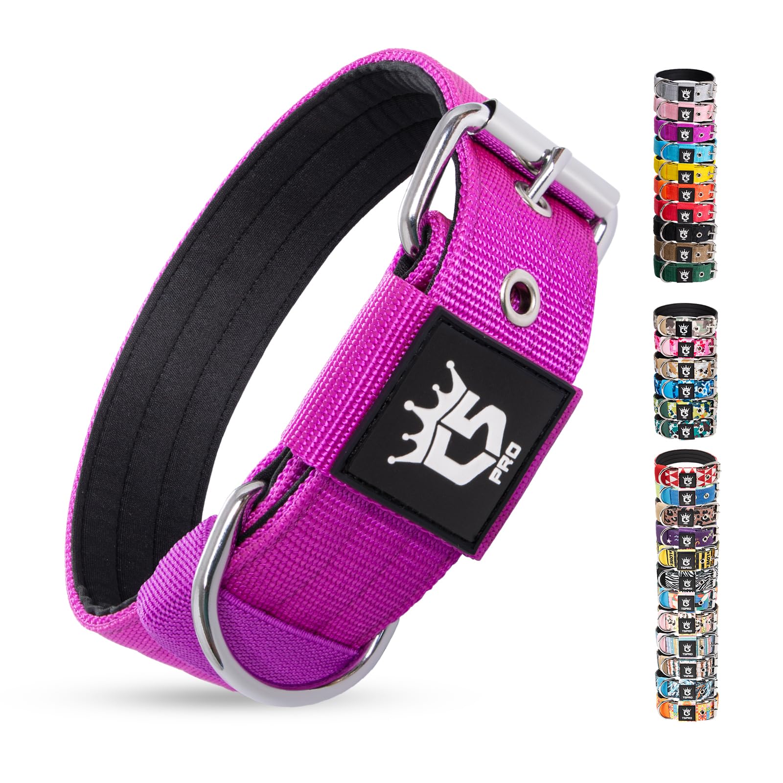 TSPRO Heavy Duty Thick Dog Collar with Metal Buckle for Large Dogs | Tactical Dog Collar, 1.5 Inch Wide Military Nylon, Soft Padded, Durable, Adjustable for Walking Running Training, Purple L Global Recycled Standard Global Recycled Standard Global Recycled Standard