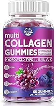 Natures live Multi Collagen Peptides Gummies, Type I, II, III, V, X - Hydrolyzed Collagen Peptides Gummies, Supports Healthy Skin, Strong Nails & Thick Hair, Grape Blueberry Flavor, 60 Count
