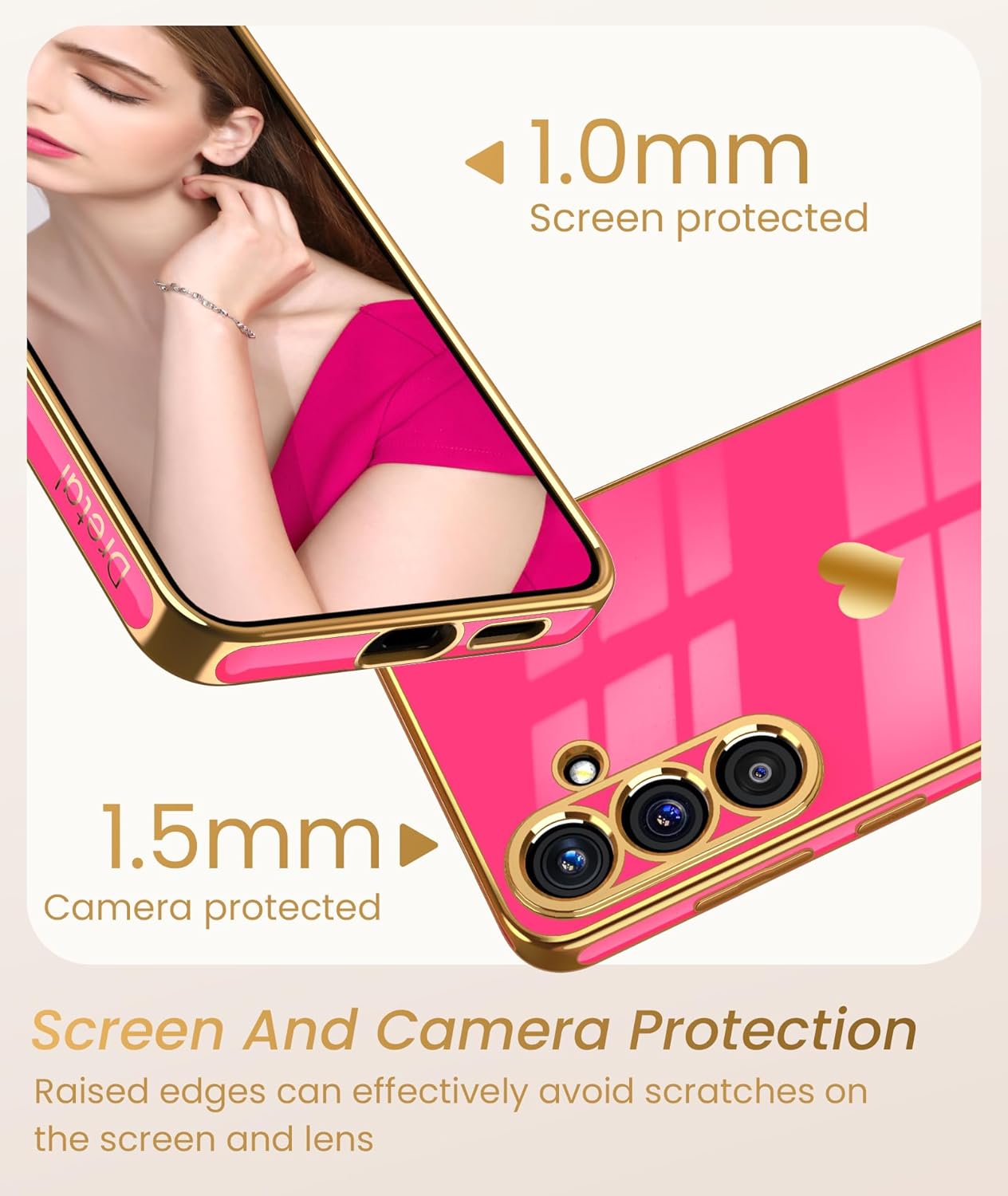 Dretal for Samsung Galaxy S25+ Plus 5G Case with Screen Protector, Women Girl Cute Girly Love-Heart Luxury Gold Soft Camera Protection Bumper Shockproof Phone Case for Galaxy S25+(Hot Pink) - Image 3