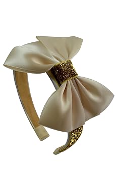 Funny Girl Designs Sparkling Glitter Satin BOW Arch Headband Gold and Ivory