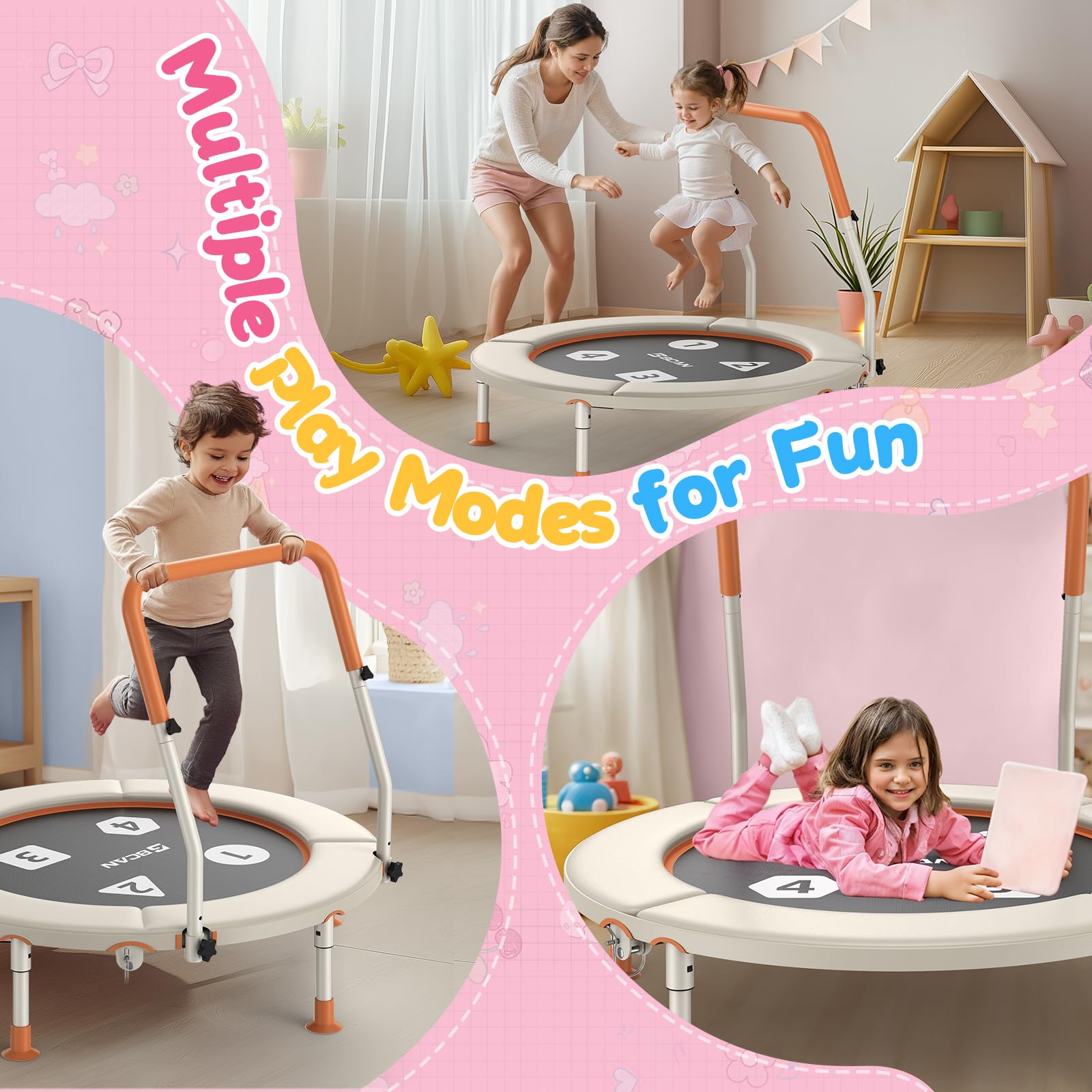 BCAN Trampoline Enfant 91 cm, Mini Trampoline Extérieur Intérieur Pliable avec Poignée Réglable, Coussinets de Sécurité & Pieds Pliables, Cadeau pour Enfants 3-6