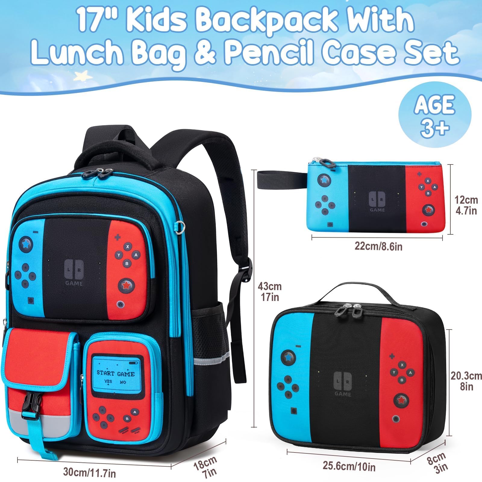 Fimibuke Kinder-Rucksack für Schule, Jungen, 3 Stück, Gamer-Rucksack mit Lunchbox und Federmäppchen, Gaming, Schule, Büchertasche, Teenager, Kinder