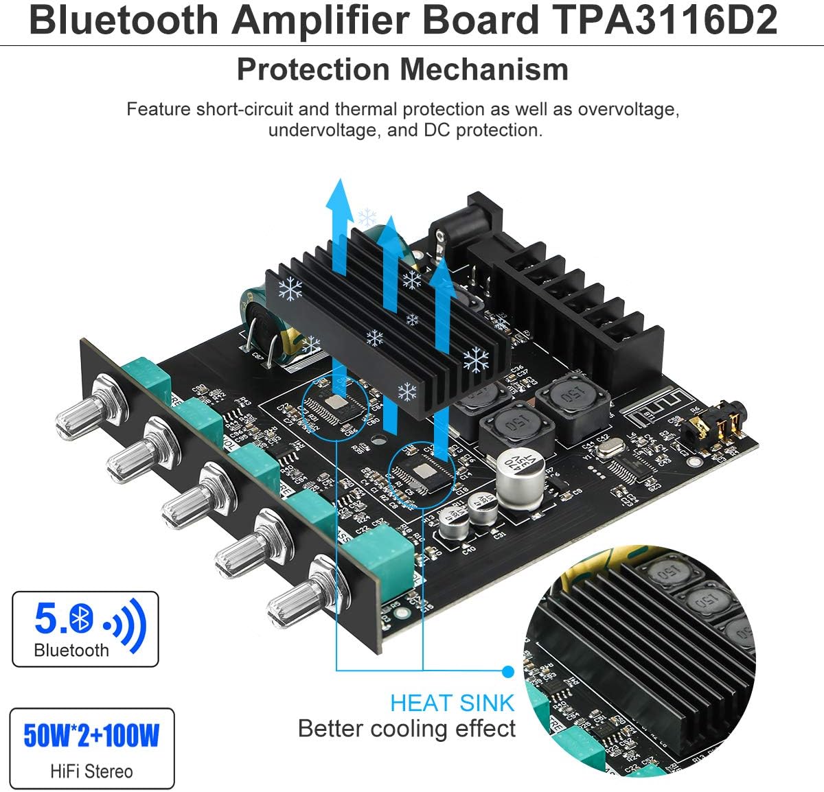 Wееklу Tор Sаlе MakerHawk Bluetooth Amplifier Board HiFi Stereo 2.1 TPA3116D2 2X50W+100W 12V-24V Audio Power Amplifier Module Bass and Treble Control for Store Home Theater Speakers