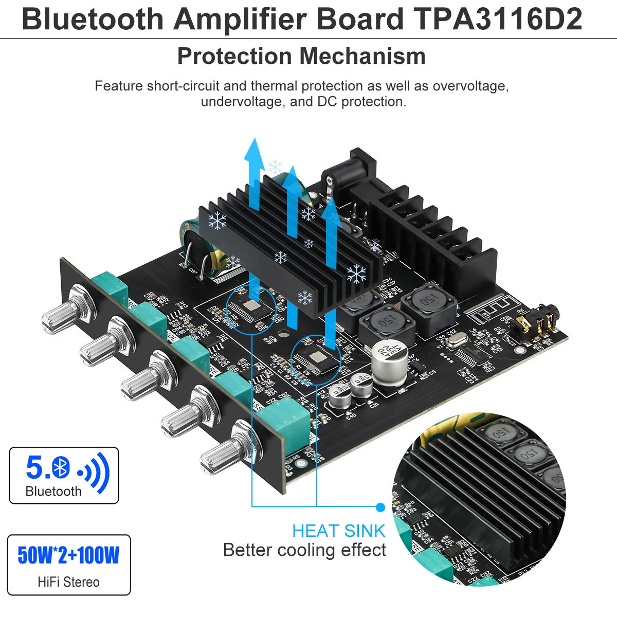 ZK-TB21 amplifier board highlighting the heat sink and protection mechanisms
