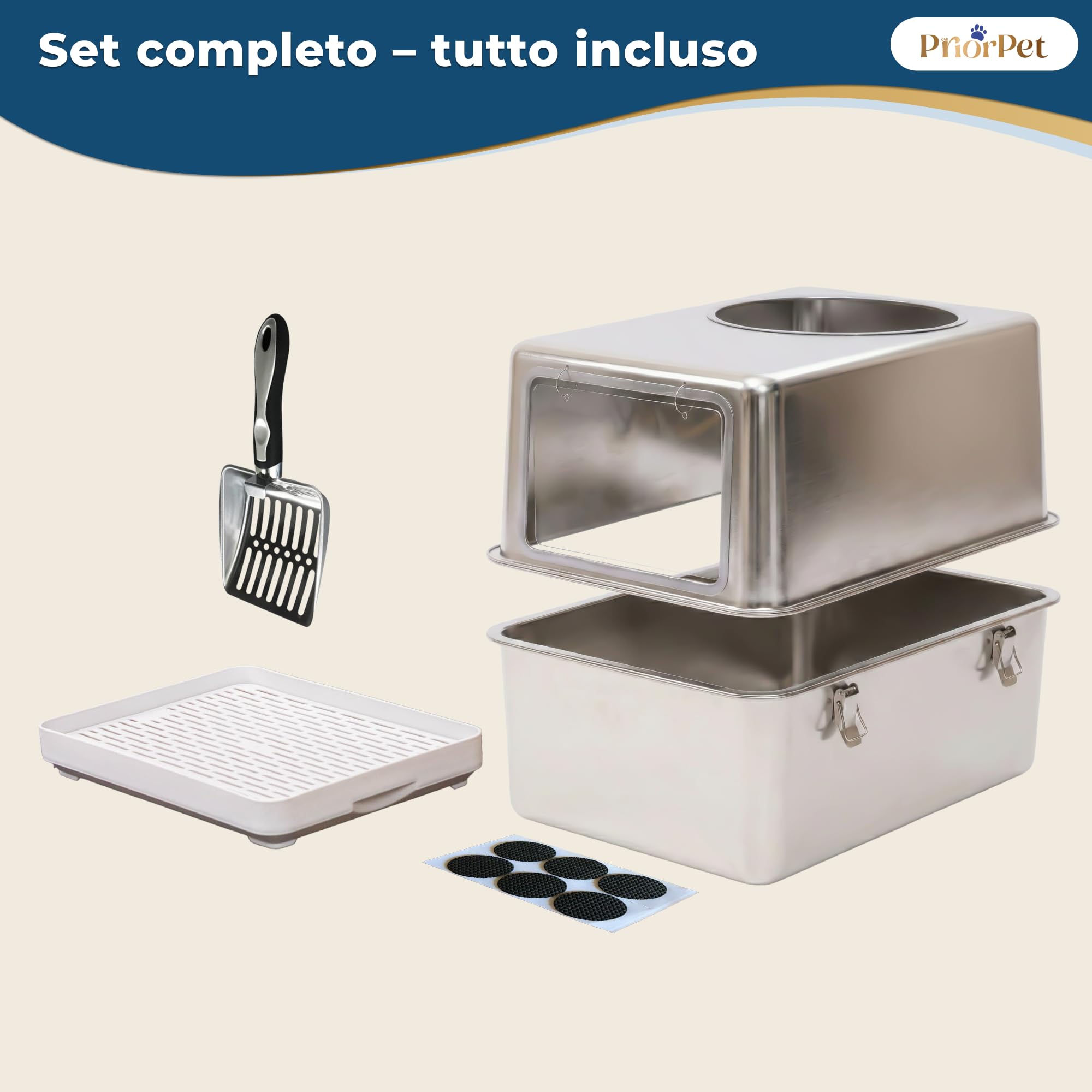 Lettiera Acciaio Inox XXL – Gatto Chiusa con Porta Frontale & Ingresso Superiore – Grande 60x41,5x40 cm – Facile da Pulire & Anti-Odore con Pedana Raccogli