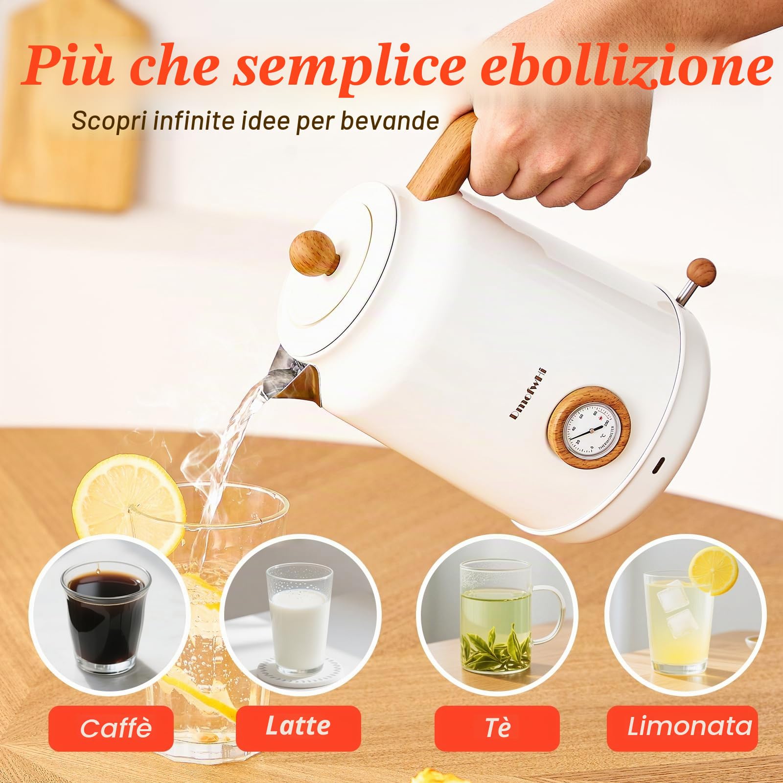 DmofwHi Bollitore Elettrico Acciaio Inox 1,7 Litri, Teiera Elettrica Vintage con Indicatore di Temperatura e Termometro, Silenzioso e Base a 360° - Perfetto per la Famiglia per Caffè e Tè, Bianco