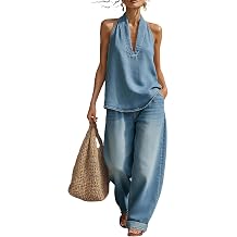 Denim Two Piece Outfits for Women Sexy Halter Neck Top & Flowy Wide Leg Pants Summer Travel Outfits Matching Sets