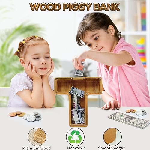 Miniatura 323 de Alcancía para niños y niñas, alcancía grande de madera personalizada con diseño recortado, bancos de monedas con letras del alfabeto, caja de ahorro