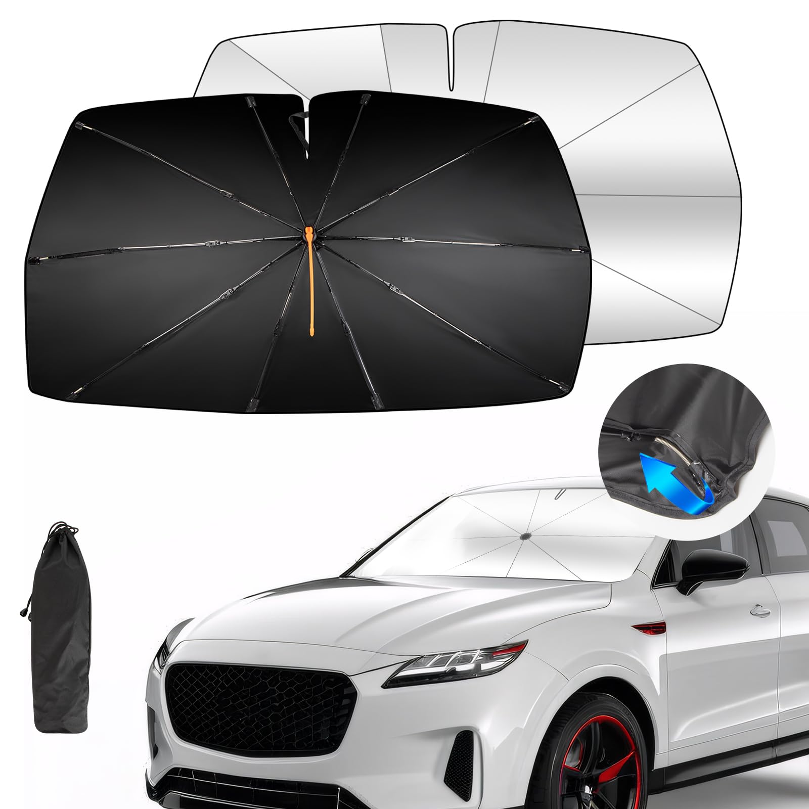 GOHHME Parasol Parabrisas para Coche Parasol para Coche Diseño Plegable con Muelle Giratorio 360° 10 Costillas Protección Solar Bloqueo UV Parabrisas Delantero Fácil de Instalar 140 * 74cm