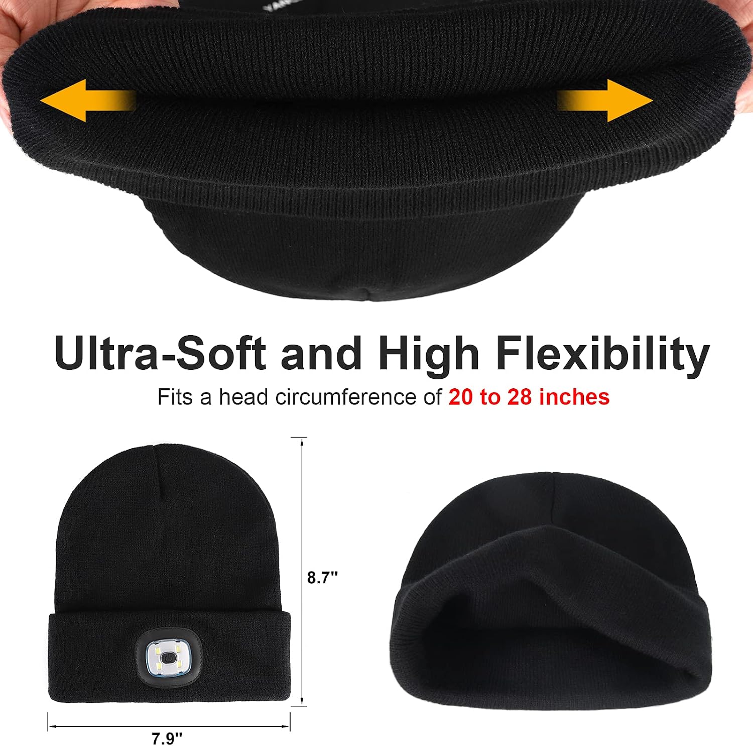 SUNPRO 2 Pack LED Beanie Hat with Light,Unisex Knit Lighted hat,USB Rechargeable Headlight Cap,Warm Winter Gifts for Men and Women Outdoor Dog Walking,Hiking,Camping (Black & Gray)