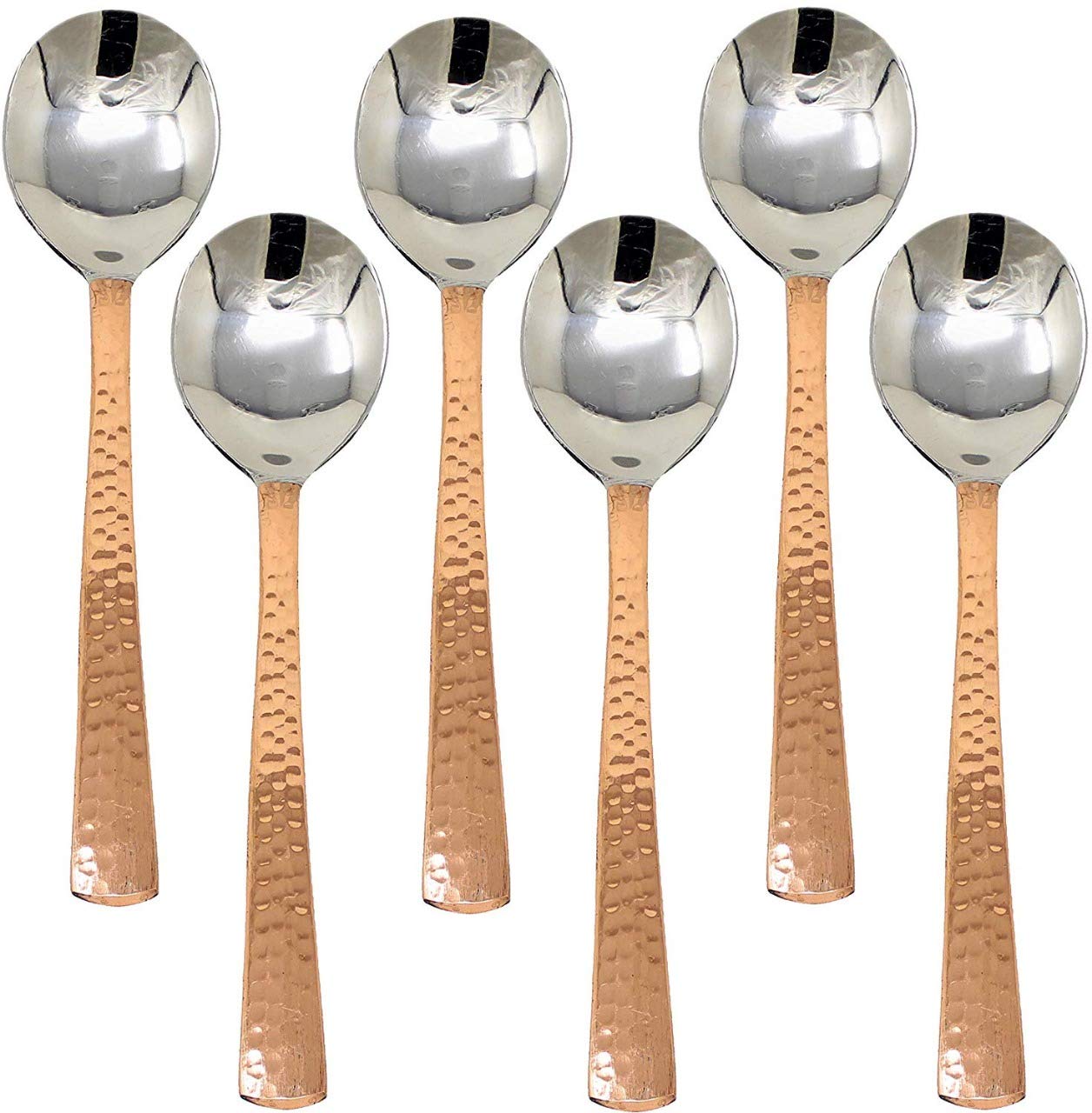 Lot de 6 couverts martelés à la main en acier inoxydable avec poignées en cuivre